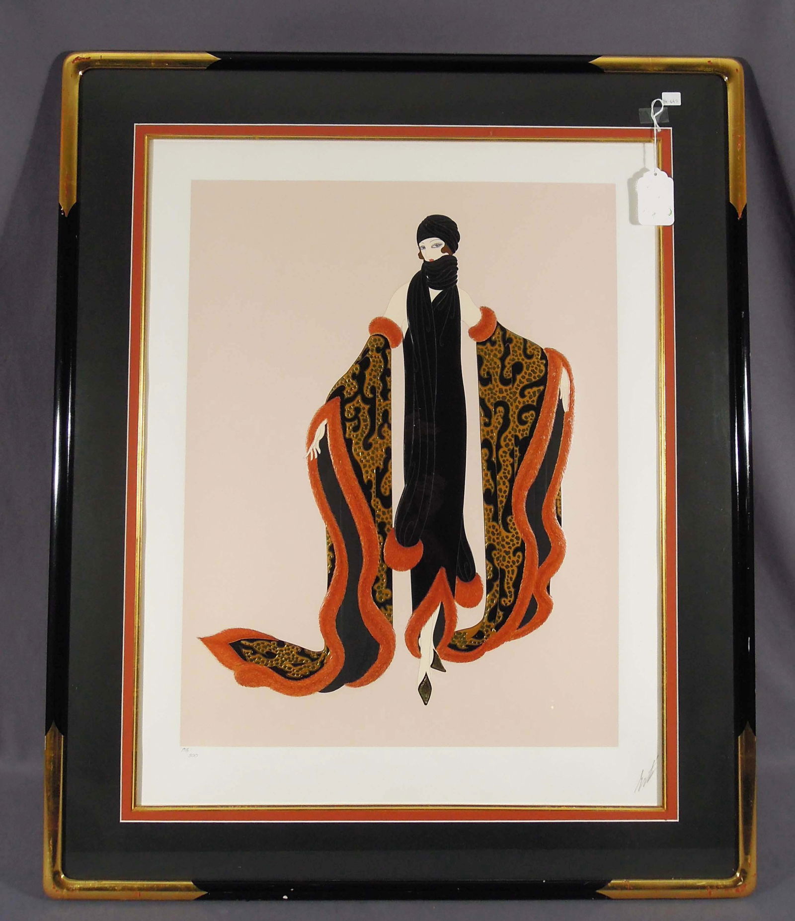 ROMAIN DE TIRTOFF (ERTE') (1892-1990) RUSSIAN/FRENCH: Original Embossed Serigraph in colors "Fox Fur". Circa 1931. Hand signed in pencil by Erte'. Numbered 158/300. Original frame. Overall 39" x 32" x 1/4".