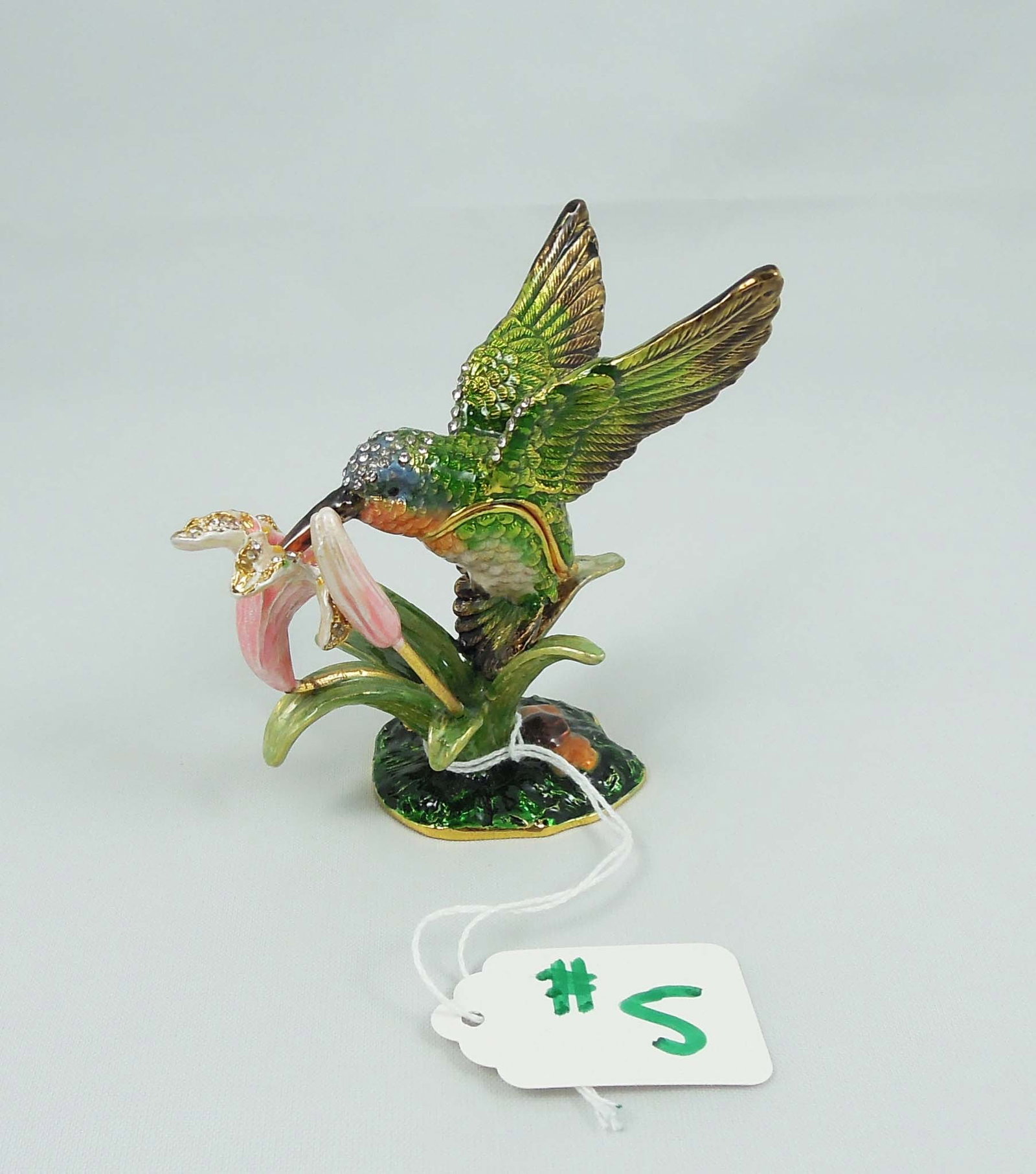 FINE METAL, ENAMEL & RHINESTONE HUMMING BIRD TRINKET BOX: 3 1/2" high, 3 1/2" wide, 2 1/4" deep.
