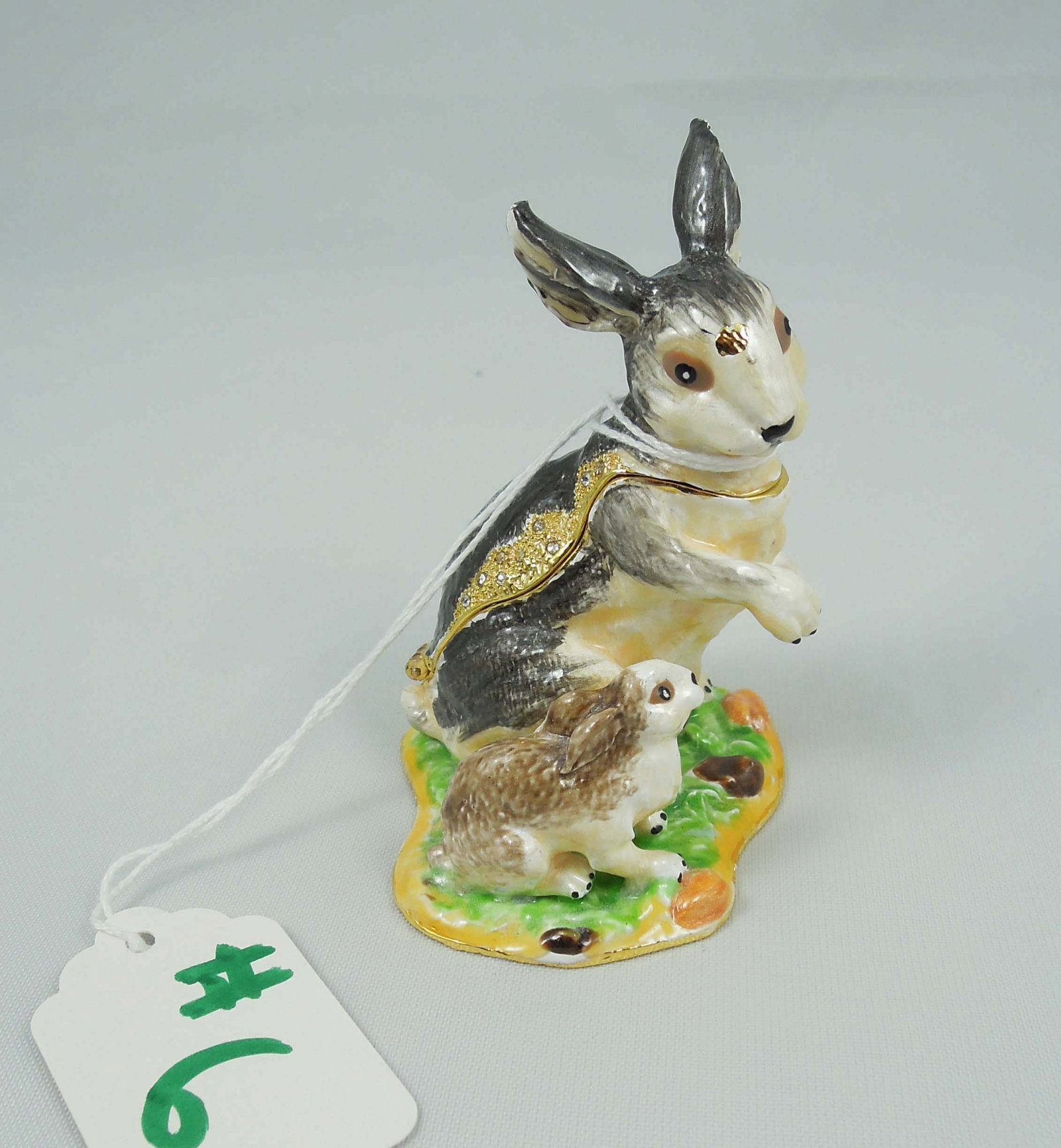 FINE METAL, ENAMEL & RHINESTONE RABBIT WITH BABY TRINKET BOX: 3" high, 2 1/2" wide, 2" deep.