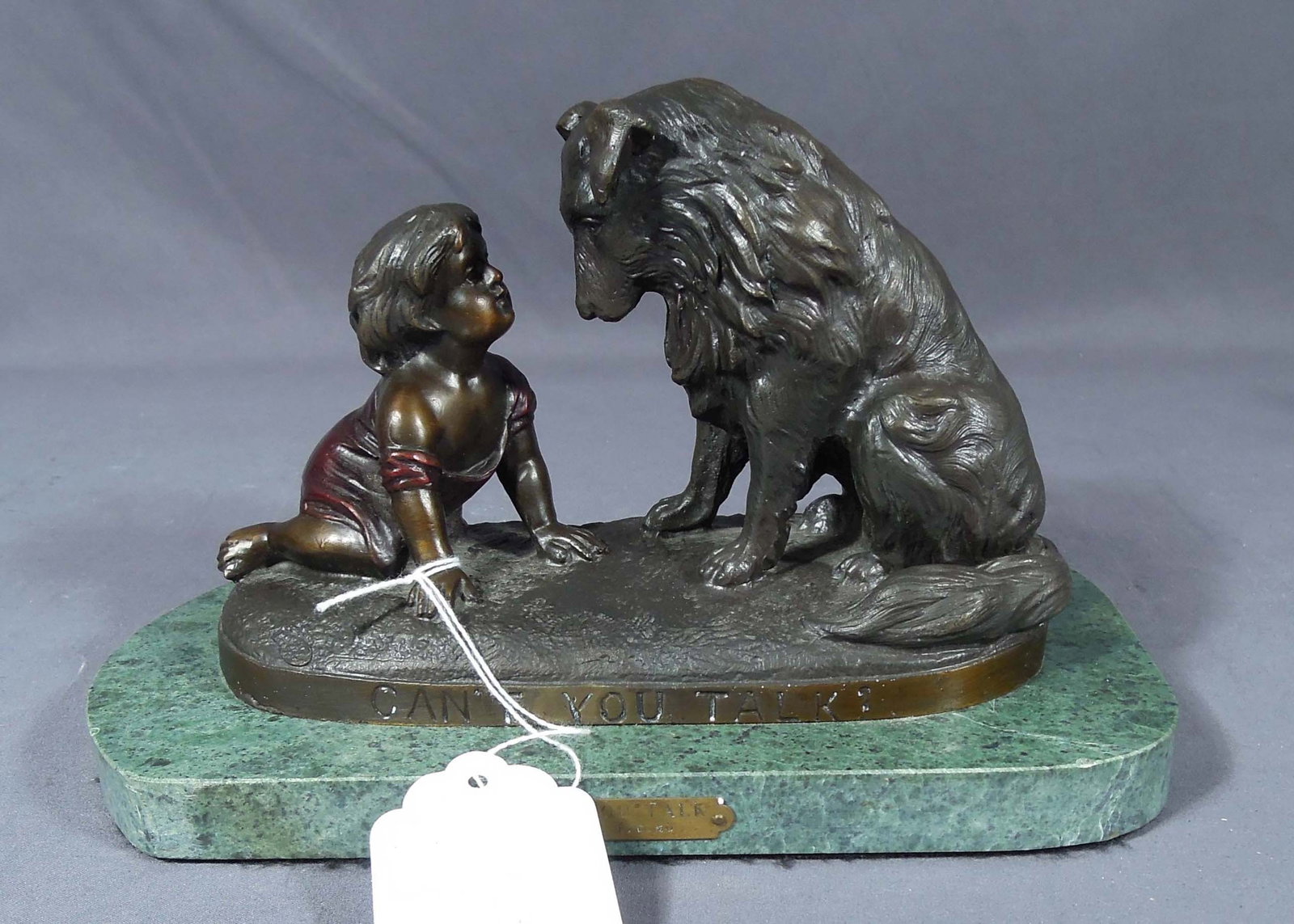 ADORABLE BRONZE SCULPTURE OF YOUNG CHILD WITH DOG "CAN'T YOU TALK" (1 of 1)