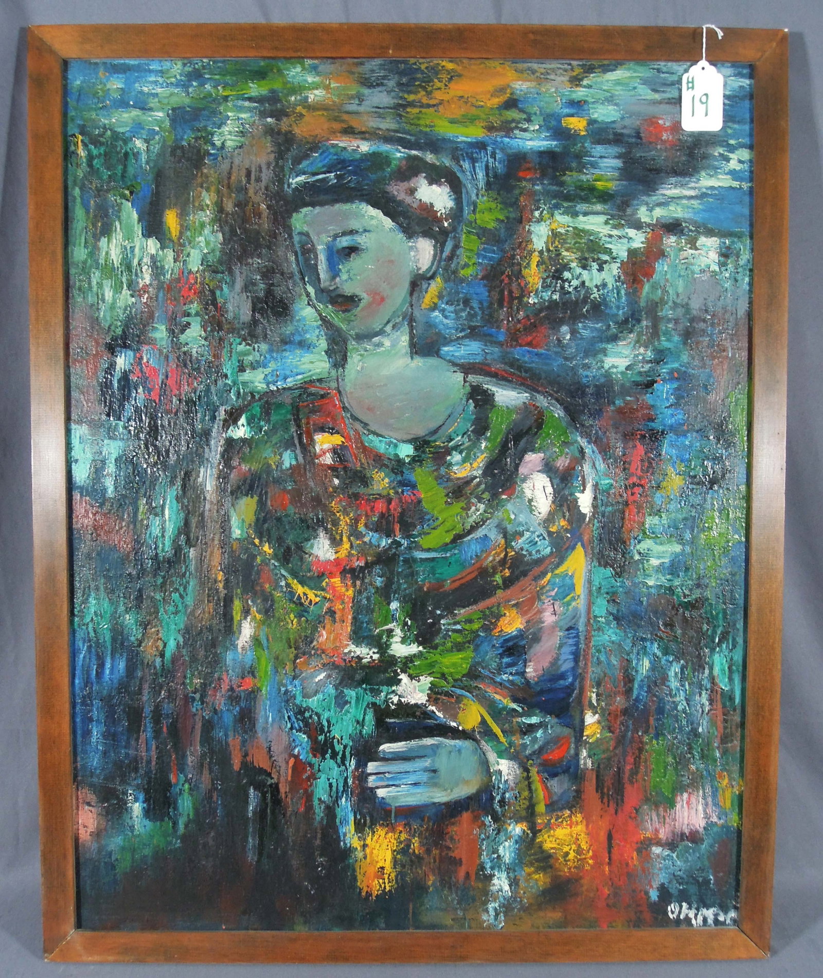 JOO-YON OHM-CEDERBERG (1927-2011) KOREAN/AMERICAN: Large mid-century modern original Oil on Panel of woman holding candle. Paint in high relief. Signed "Ohm. C" lower right. Overall framed 39" high, 31" wide, 1" deep.