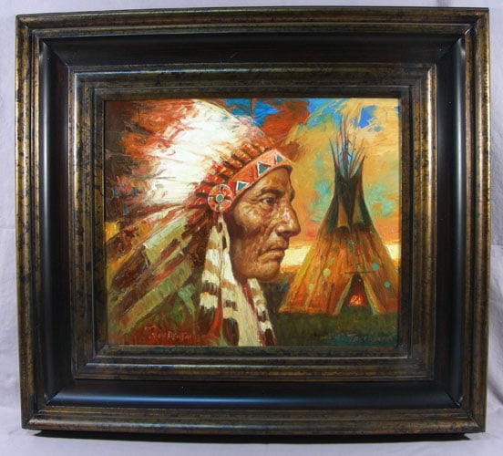 ORIGINAL TROY DENTON OIL ON CANVAS: INDIAN WITH TEEPEE: Very fine detail. Signed. Overall 34 1/2" x 38 1/2".