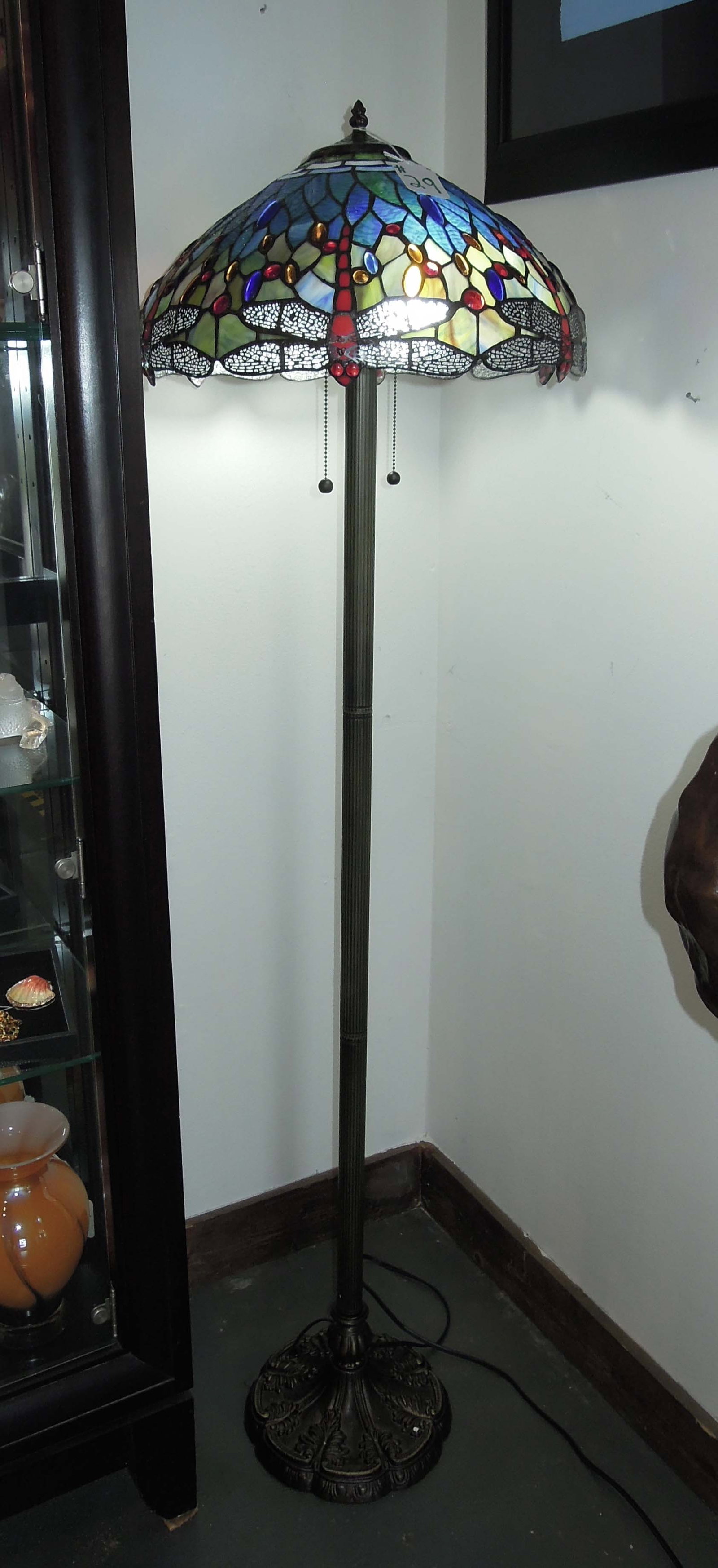 TALL METAL AND LEADED GLASS DRAGONFLY FLOOR LAMP (1 of 3)