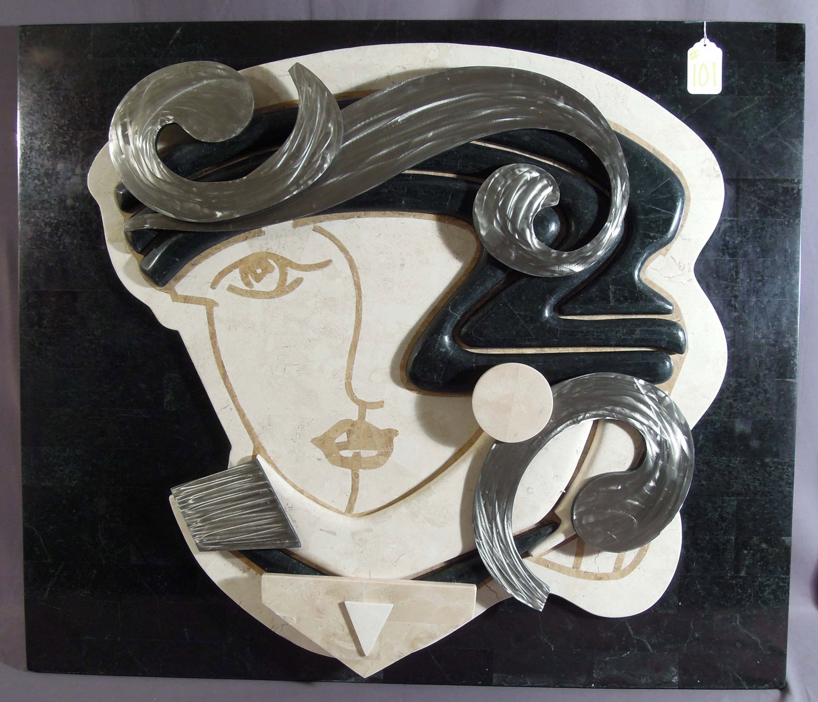 VERY UNUSUAL MIXED MEDIA MODERN WALL PLAQUE: Very heavy. From the Marquis Collection of Beverly Hills. Original purchase price $4,000. 34" high, 40" wide.