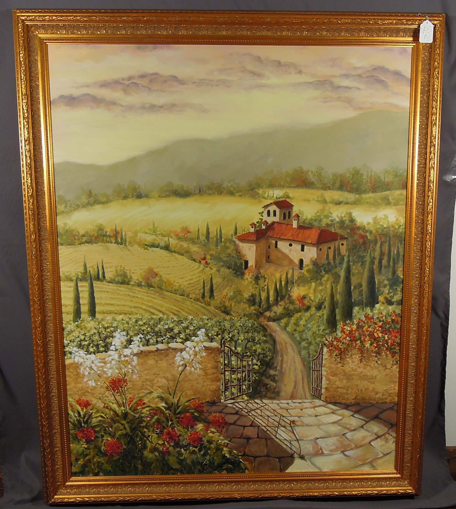 LARGE ORIGINAL OIL ON CANVAS "TUSCAN SCENE": Signed Marilyn Caska, Circa 2005. Excellent detail. Gilt frame. Overall 68" x 56 1/2".