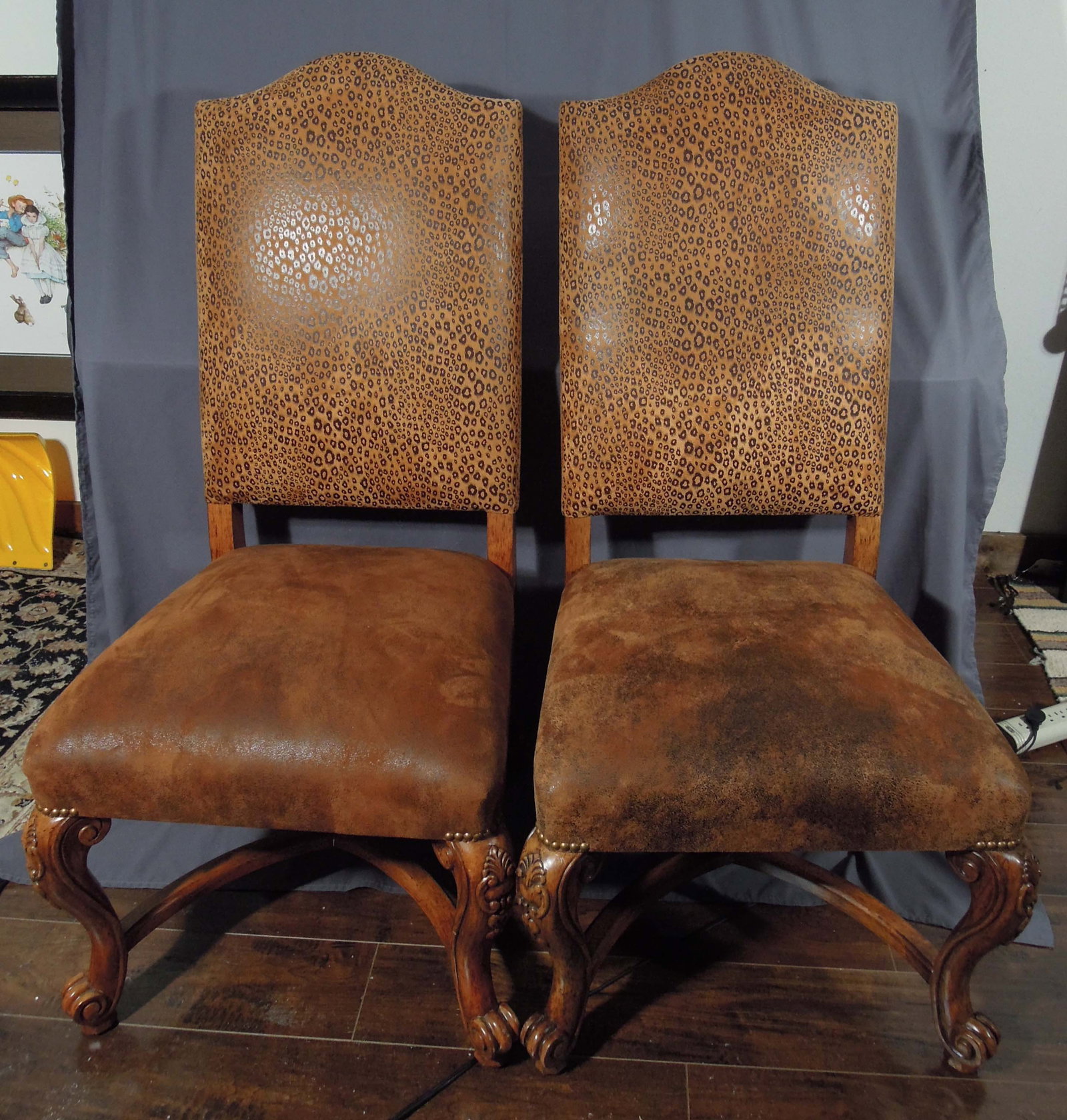 SET OF FOUR CARVED WOOD AND ANIMAL PRINT UPHOLSTERED CHAIRS (1 of 2)