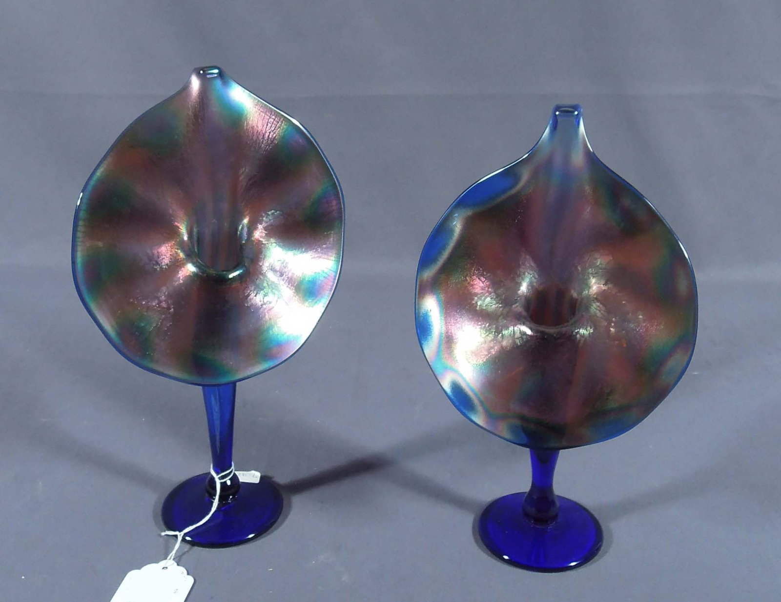 TWO HAND BLOWN TIFFANY STYLE JACK IN THE PULPIT VASES (1 of 2)