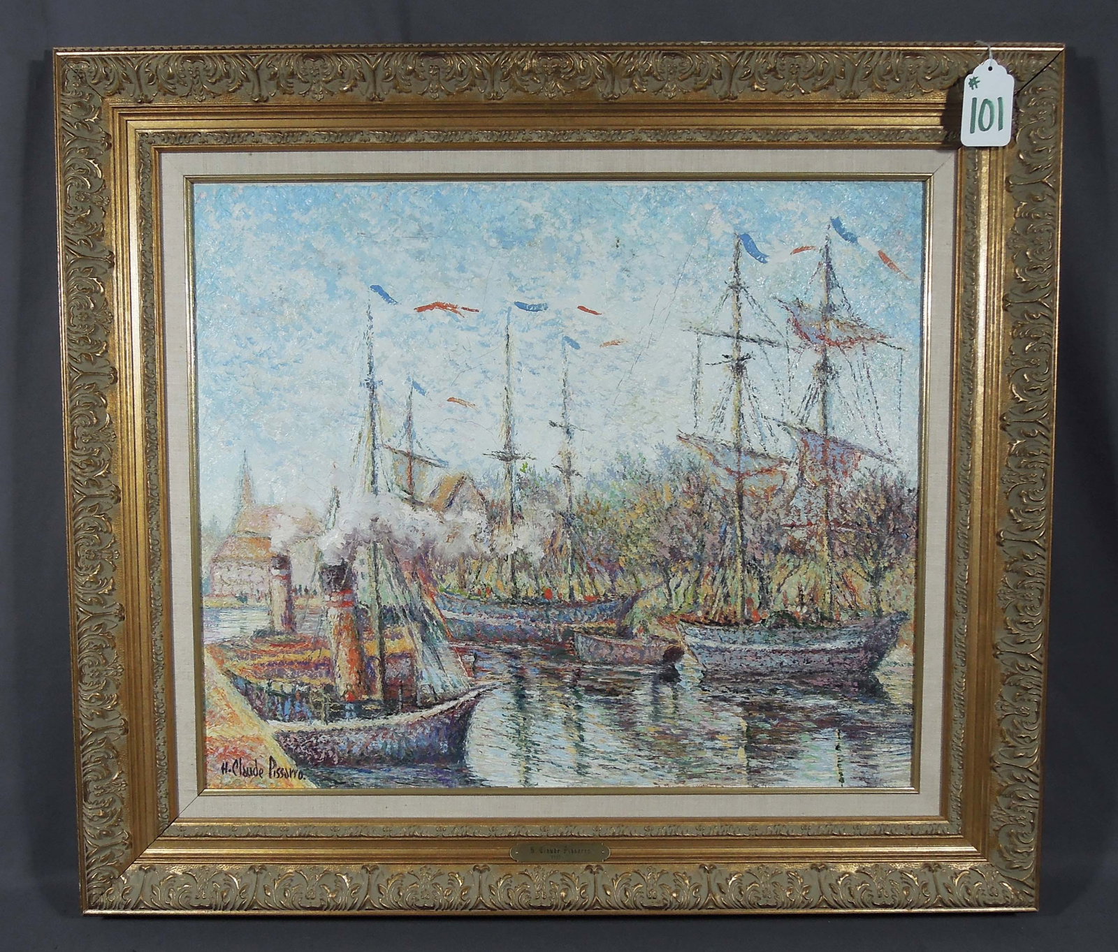H. CLAUDE PISSARRO (1935- ) FRENCH: Beautiful Original Oil on Canvas "Le Bateaux Bleus". Very good condition. Hand signed lower left. Original frame. Signed and titled on verso. Original H. Claude Pissarro certificate with registration 