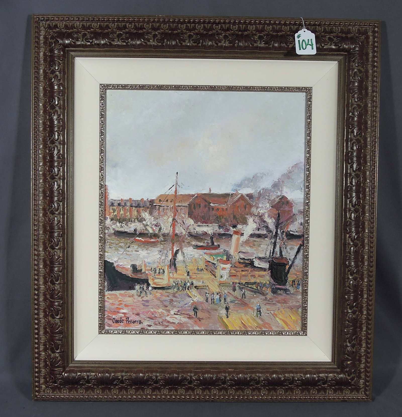 H. CLAUDE PISSARRO (1935- ) FRENCH: Very rare Original Oil on Canvas "Cargots a Quai D'Apres Camille". This oil is in homage to H. Claude's grandfather Camille Pissarro. Hand signed lower left and signed and titled on verso. Image 25 1/