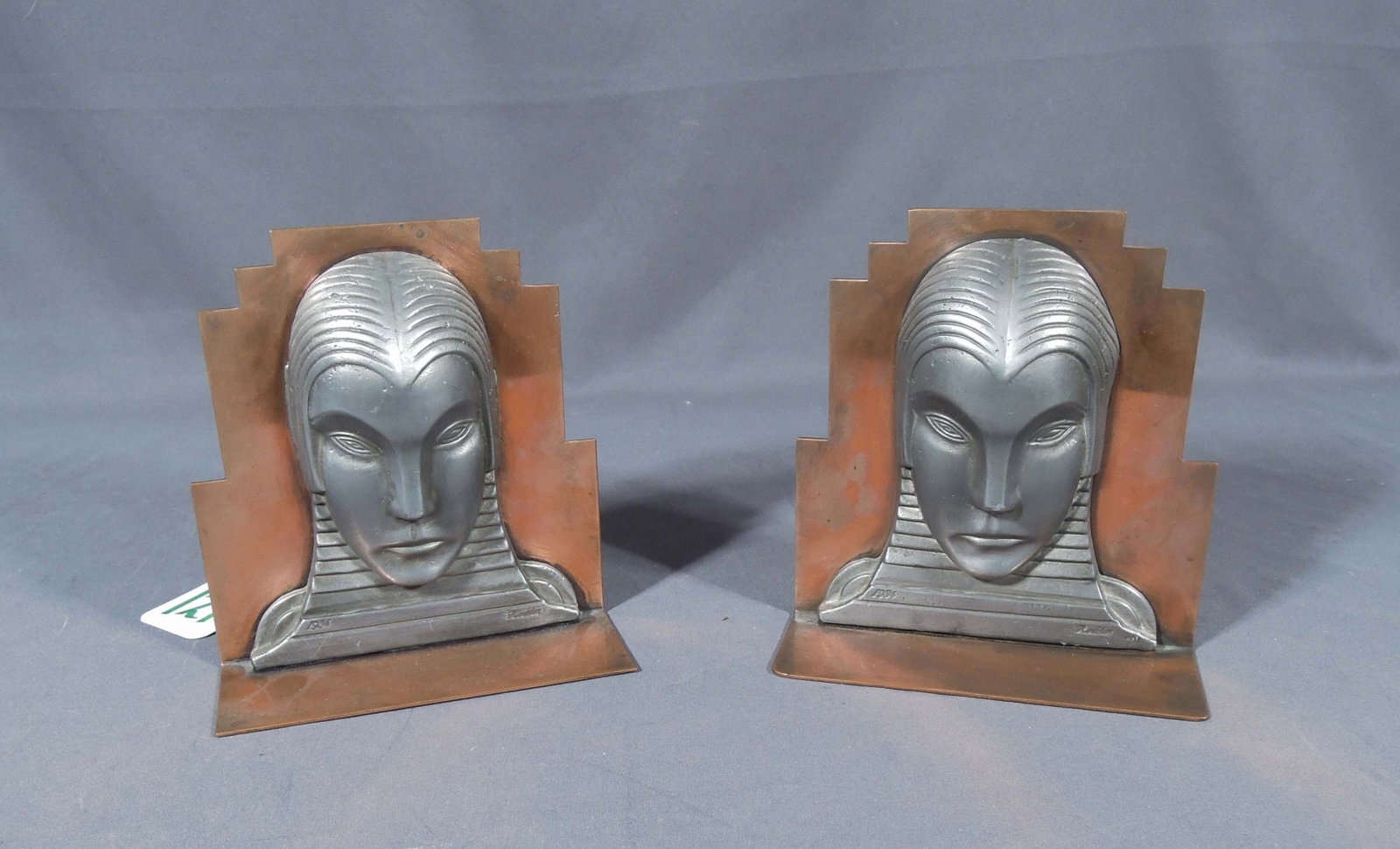 PAIR OF SIGNED RODDEN (1934) ART DECO MODERNIST FACE BOOKENDS (1 of 3)