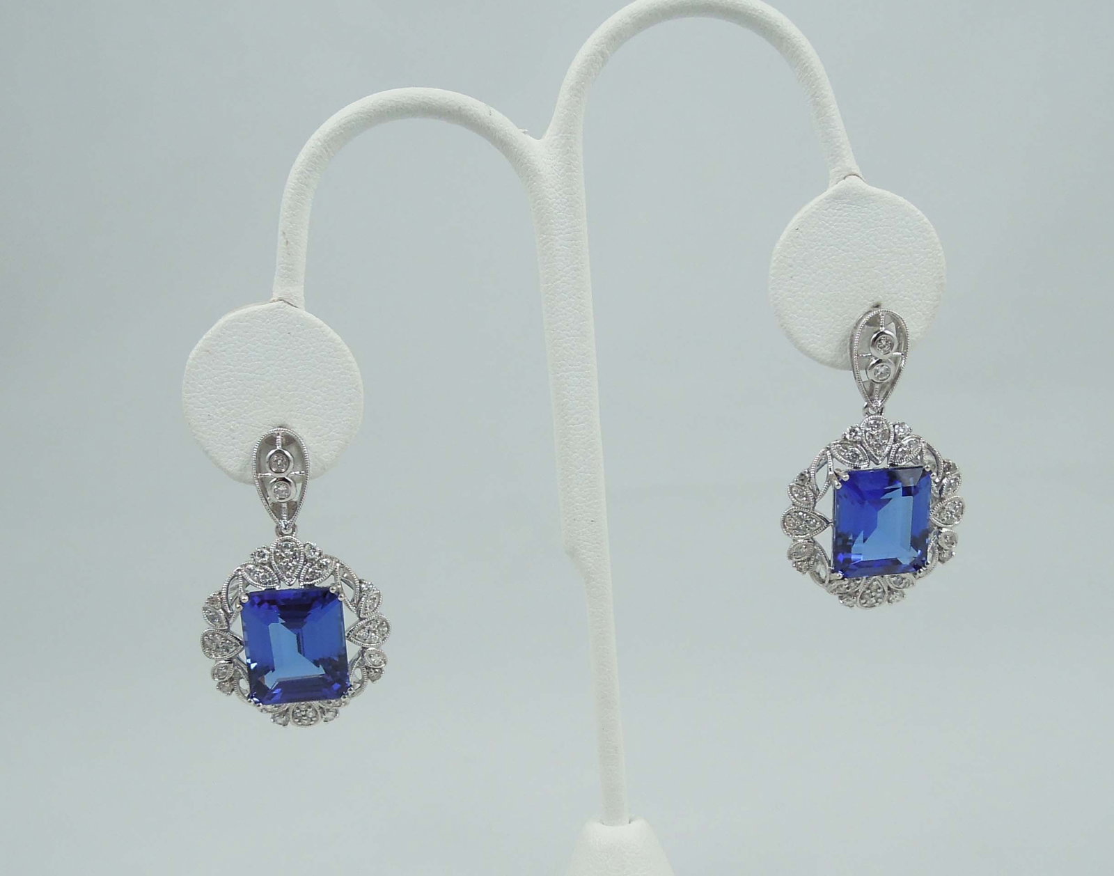 PAIR LADIES VERY FINE 18K W.G., TANZANITE & DIAMOND DANGLE EARRINGS (1 of 2)