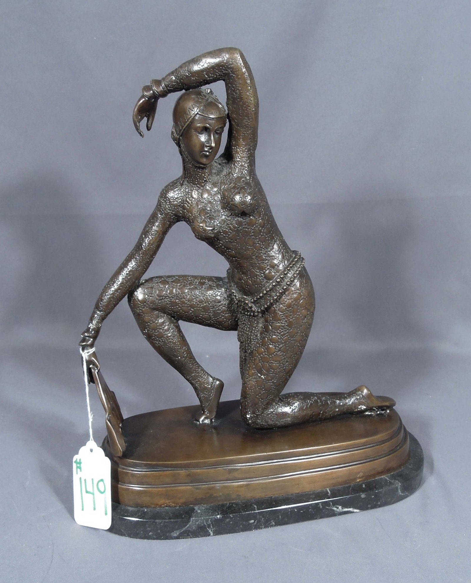 CHIPARUS STYLE FINE BRONZE SCULPTURE OF DECO DANCER: Starfish girl strikes a pose. Fine detail. Black marble base. 14 1/2" high, 12 1/2" wide, 6" deep.