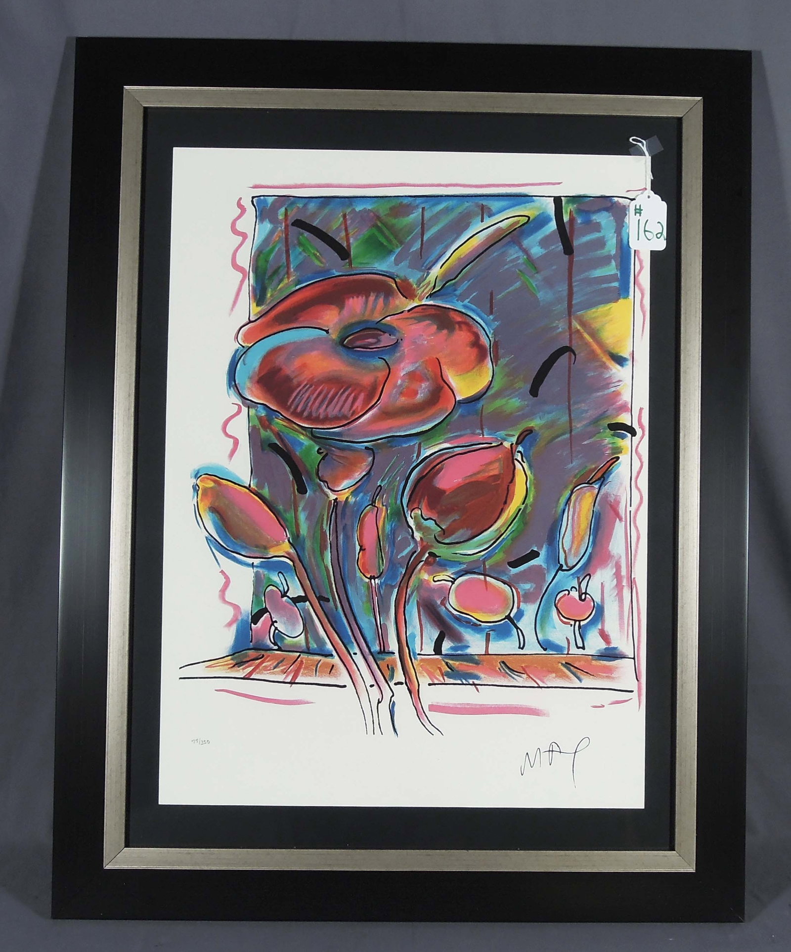 PETER MAX (1937- ) GERMAN: Original Colored Lithograph on paper "GardenFlowers". Limited Edition 77/350. Signed in the plate. Circa 1978/79. Overall framed 40" x 31" x 1".