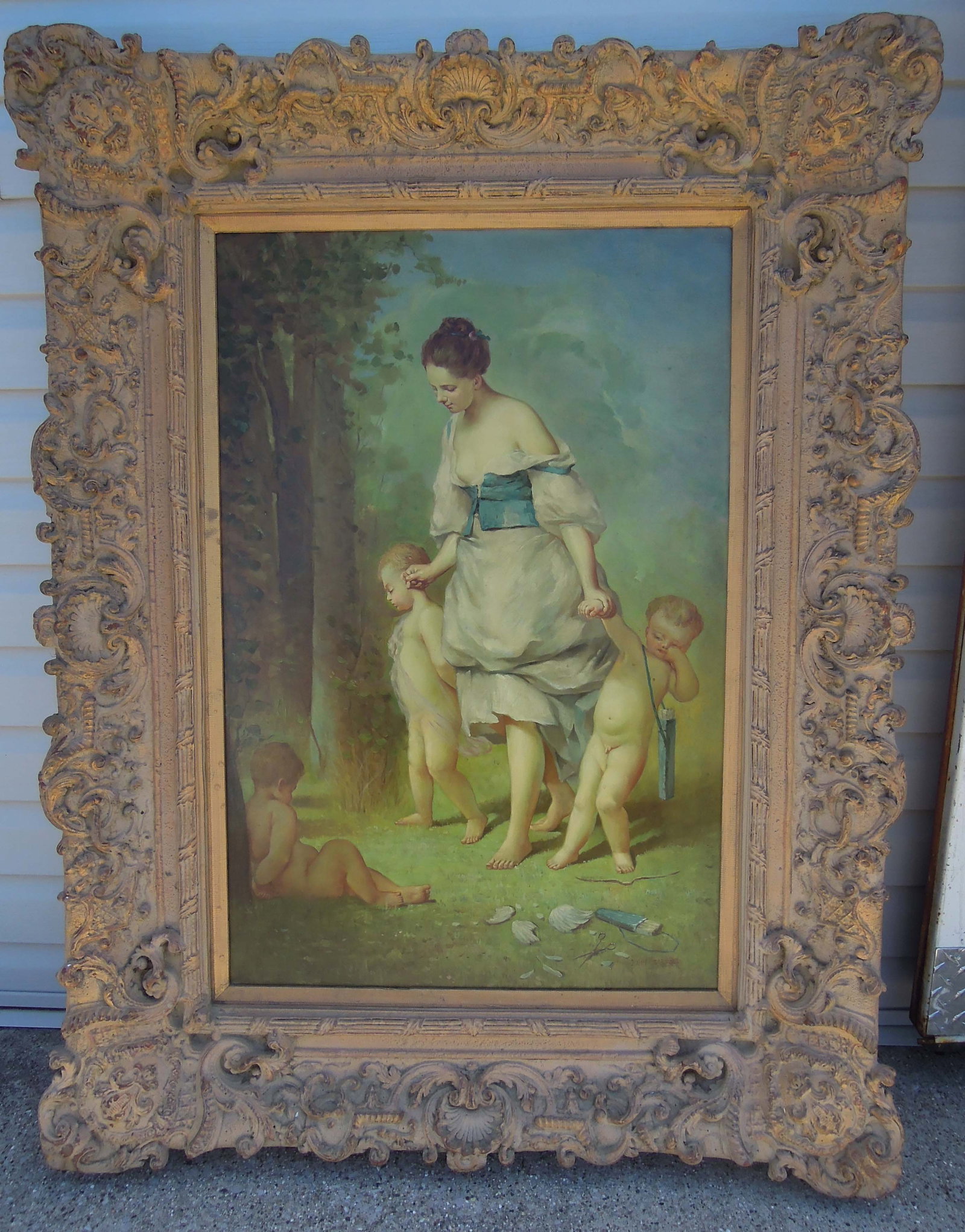ORIGINAL OIL ON CANVAS "CLIPPED WINGS": Excellent detail. Signed John Garzols, lower right. Large ornate frame. Overall 51" high, 35 1/2" wide, 4 1/2" deep.