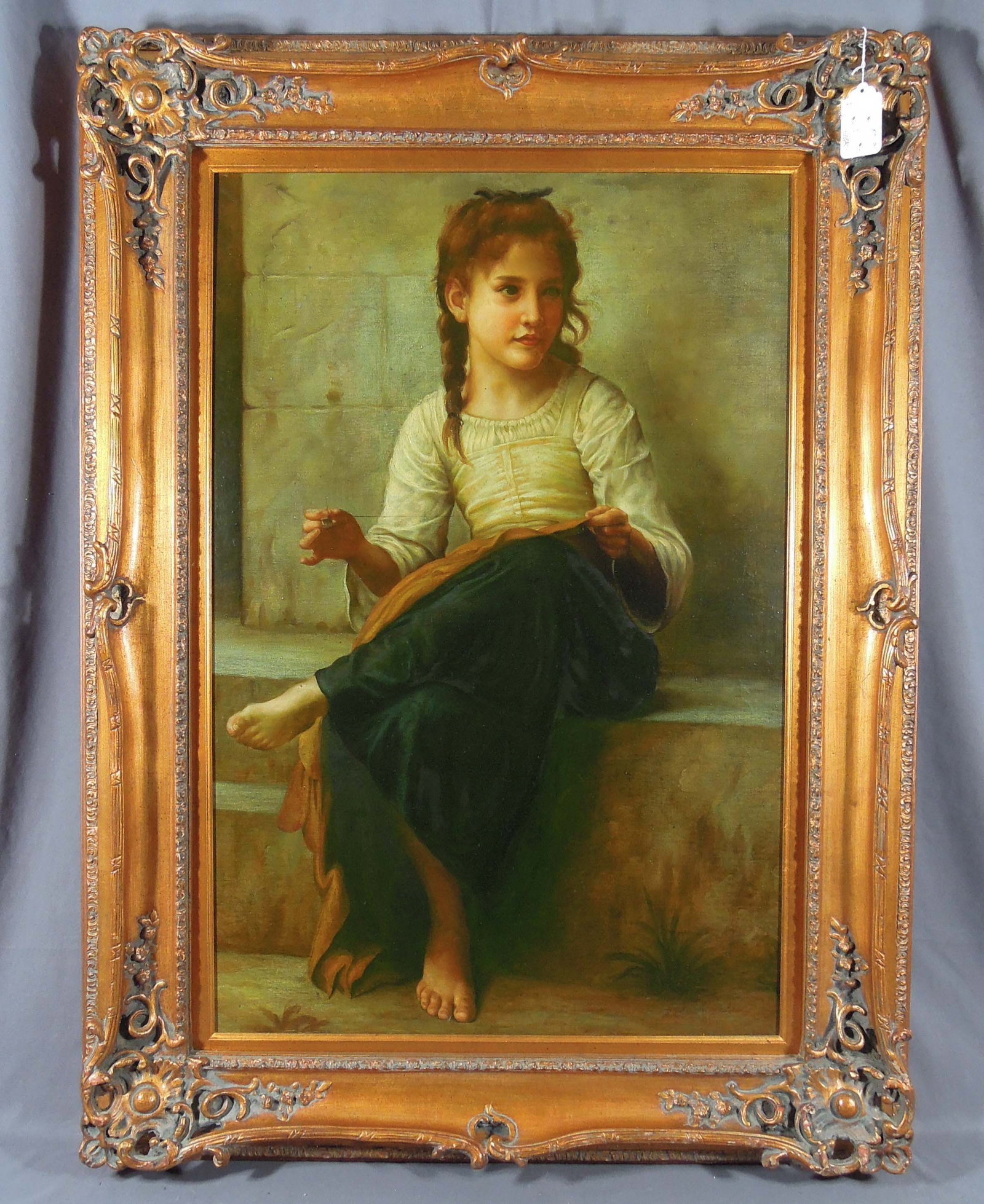 ORIGINAL GICLEE ON CANVAS: YOUNG GIRL SEWING HER DRESS: Heavy frame. Overall 42 1/2" x 31 1/2" x 3 1/2".