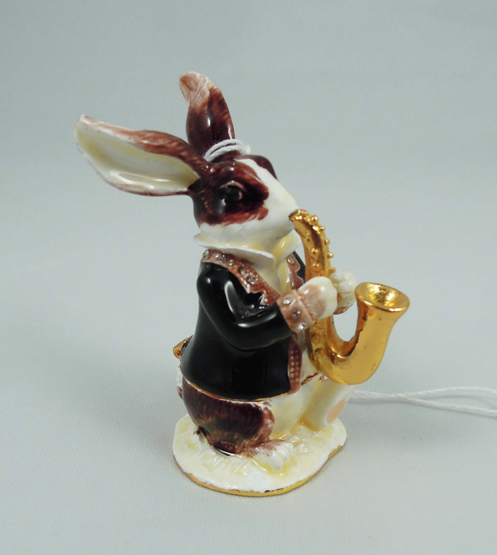 METAL, ENAMEL & RHINESTONE RABBIT TRINKET BOX: 2 1/2" high, 1" wide, 2 1/4" deep.