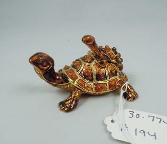 METAL, ENAMEL & RHINESTONE TURTLE TRINKET BOX