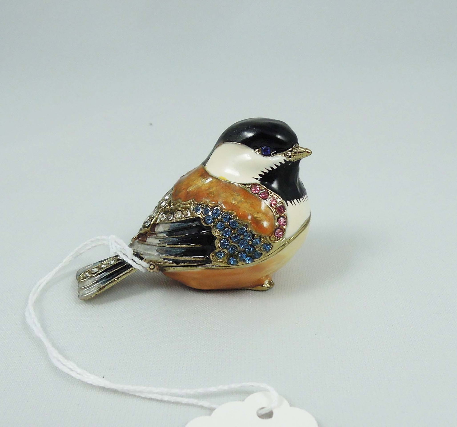 METAL, ENAMEL & RHINESTONE BIRD TRINKET BOX: 1 3/4" high, 1 1/2" wide, 2 1/2" deep.