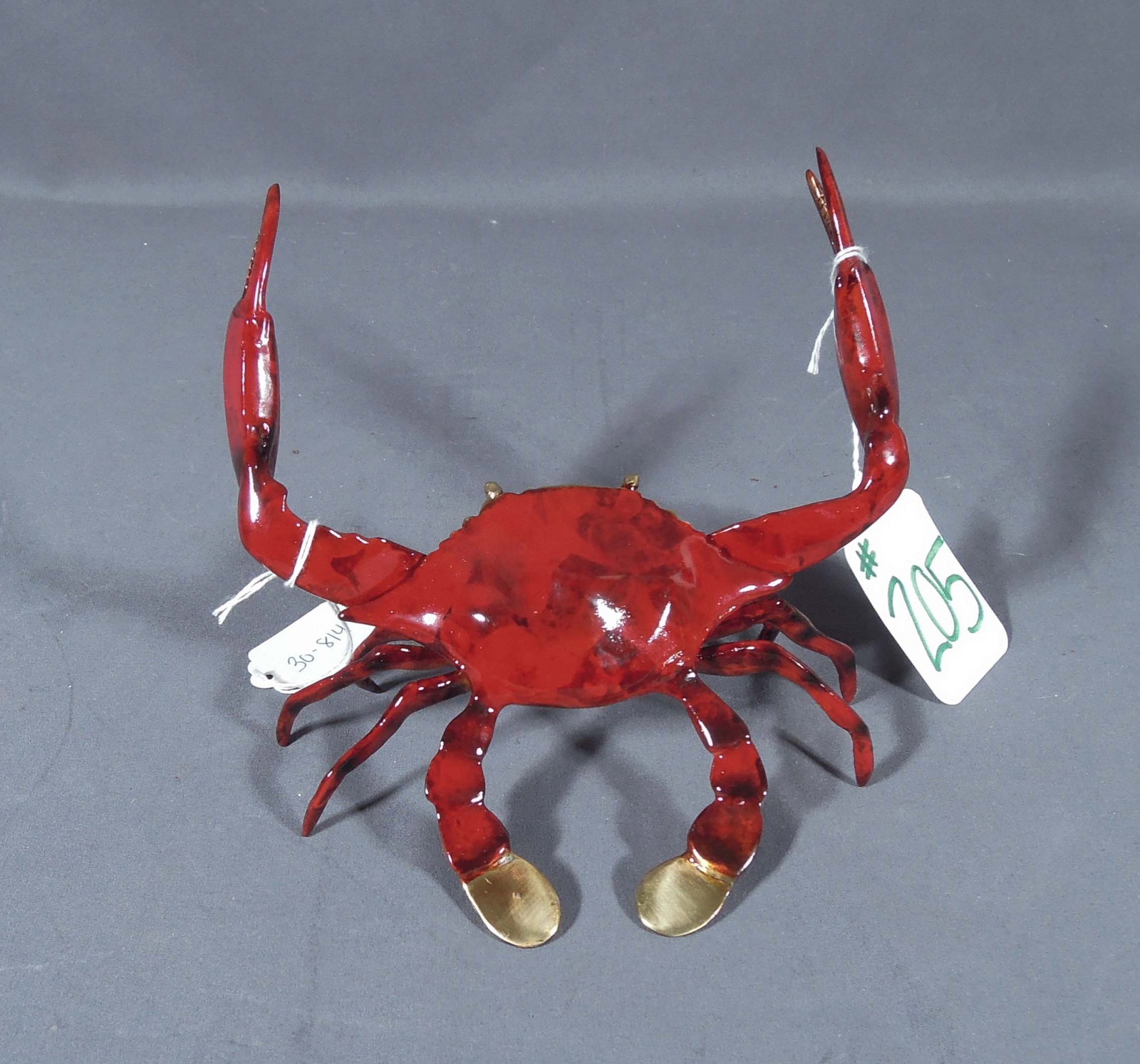 BRONZE SCULPTURE OF STANDING CRAB: Red coloration. 5 3/4" high, 7" wide, 5" deep.
