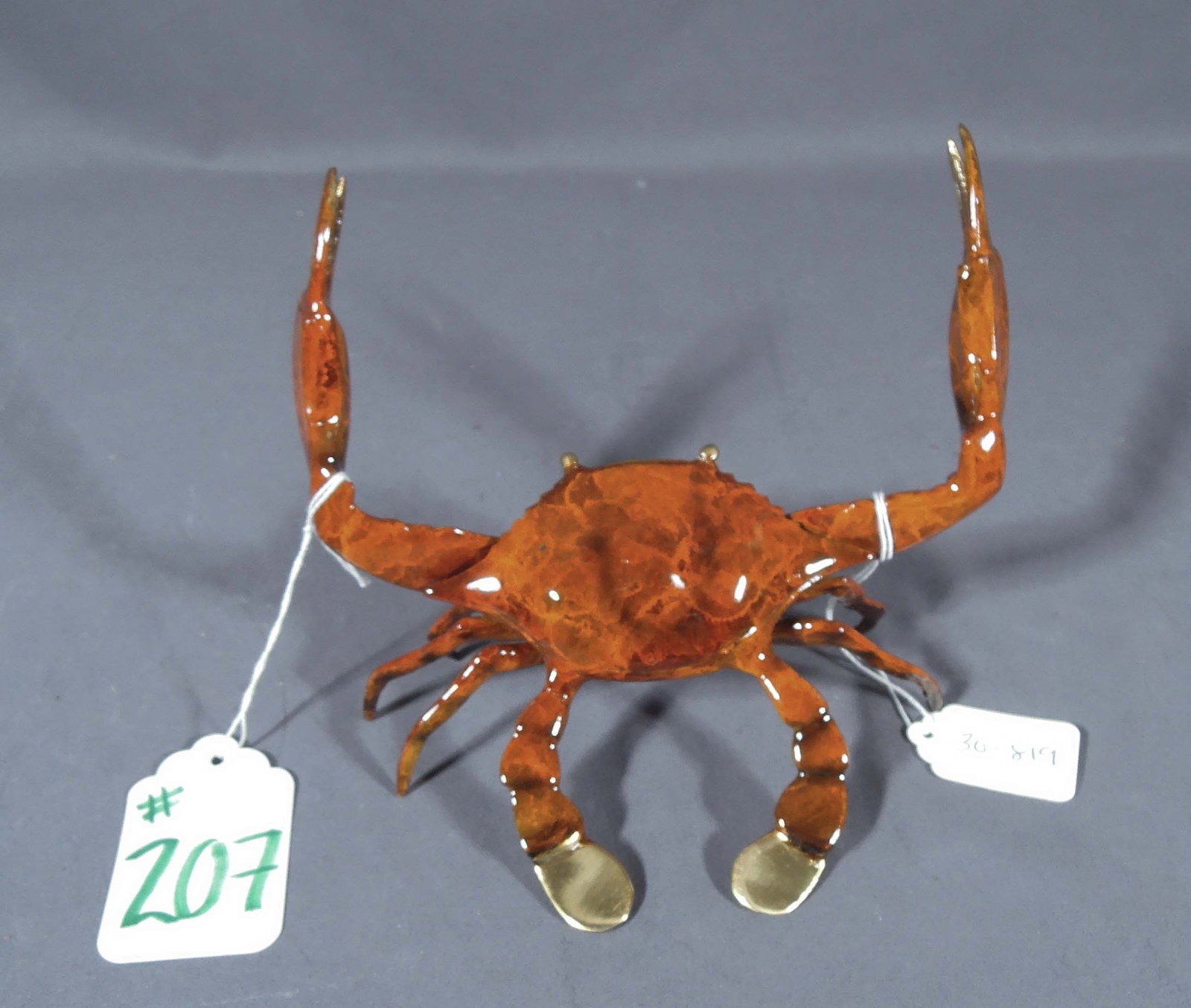BRONZE SCULPTURE OF STANDING CRAB: Orange coloration. 5 3/4" high, 7" wide, 5" deep.