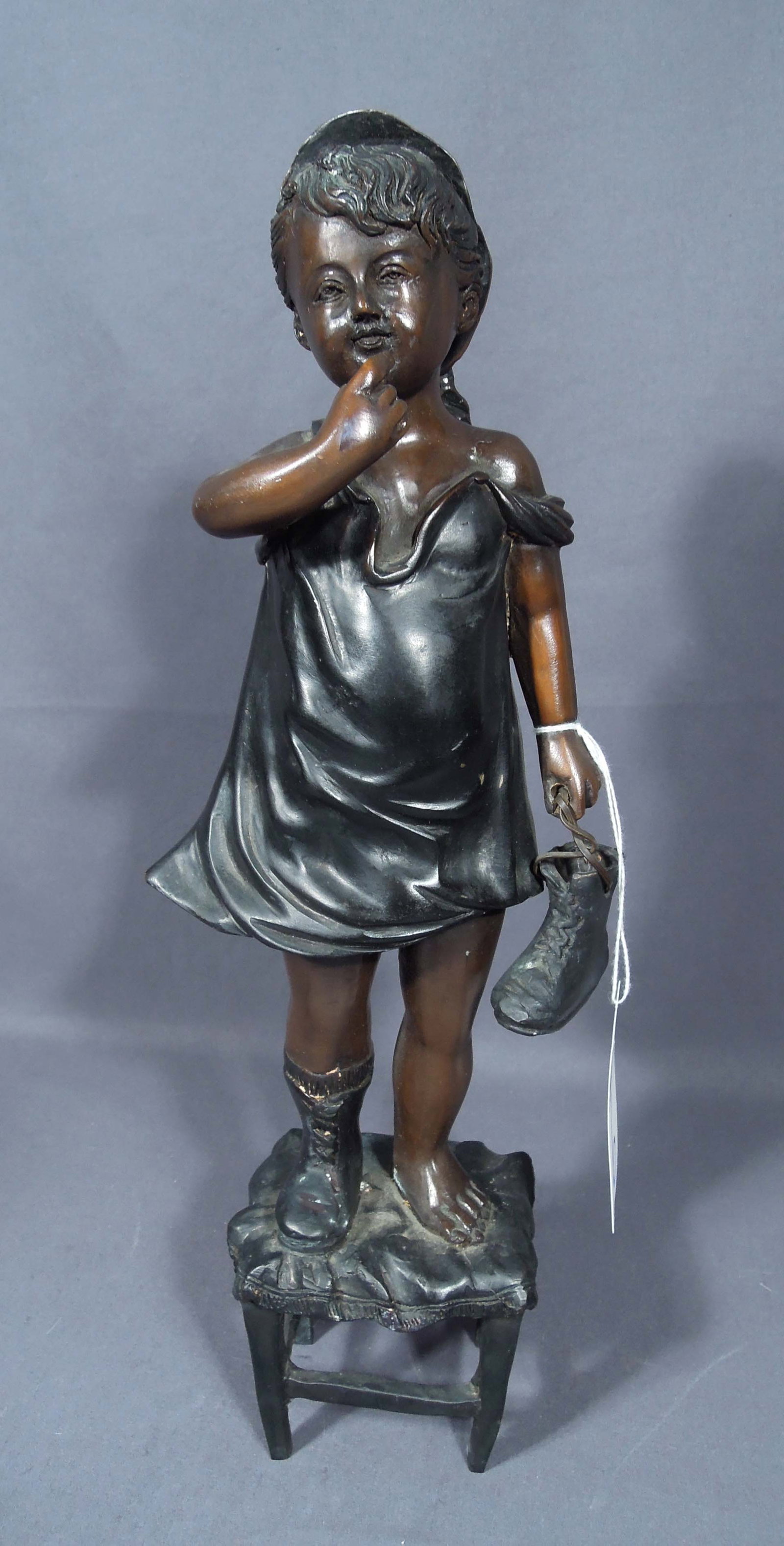 VINTAGE BRONZE SCULPTURE OF YOUNG GIRL STANDING ON STOOL (1 of 1)