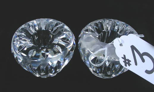 PAIR SMALL SCALE WATERFORD CRYSTAL CANDLE STICKS: PAIR SMALL SCALE WATERFORD CRYSTAL CANDLE STICKS 2" high, 2 3/4" dia.