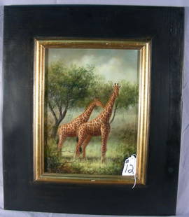 OIL ON CANVAS: TWO GIRAFFES: OIL ON CANVAS: TWO GIRAFFES Brown and gold frame. Signed. Overall 26 1/2" x 22 1/2"