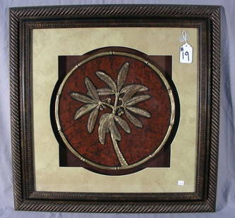 FRAMED "PALM TREE" WALL ART: FRAMED "PALM TREE" WALL ART Ribbed gold and brown colored frame. Overall 30" high, 30 1/2" wide