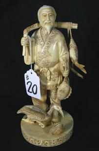CHINESE HAND CARVED BONE SCULPTURE OF MAN WITH FISH: CHINESE HAND CARVED BONE SCULPTURE OF MAN WITH FISH Standing man holds a string of fish in both hands with bird at his feet. Fine detail. Polychrome patina. 12" high