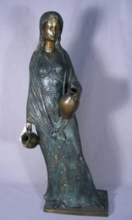 LARGE BRONZE SCULPTURE OF STANDING GIRL HOLDING URNS: LARGE BRONZE SCULPTURE OF STANDING GIRL HOLDING URNS Girl holds an urn in each hand. Two color patina. 34" high