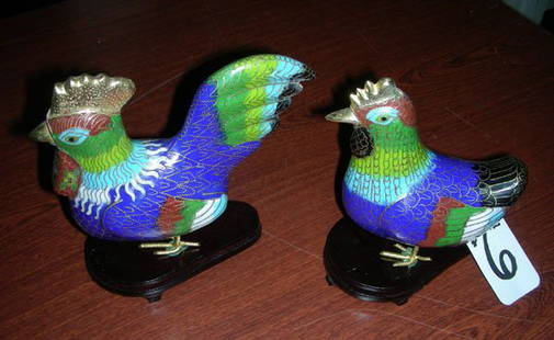 PAIR CHINESE CLOISONNE CHICKENS: Each with rosewood stand. 6" high, 4" wide.