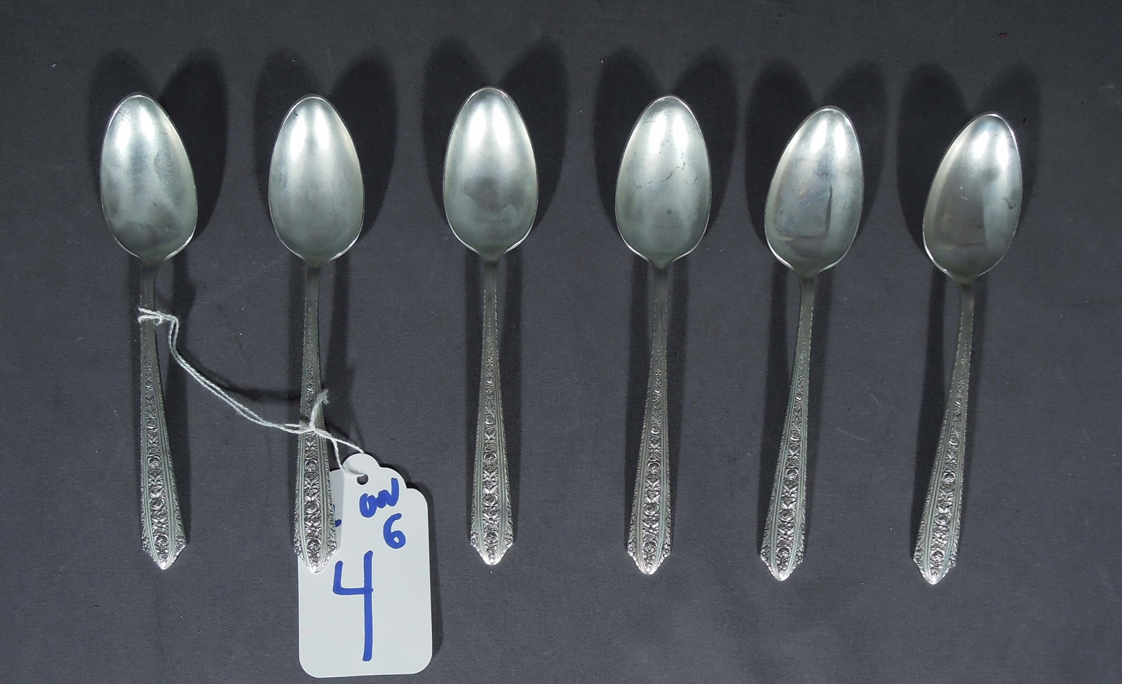 SET OF SIX VINTAGE WALLACE STERLING SILVER SPOONS: Normandie pattern. Total wieght 159 grams. Each 6" long.
