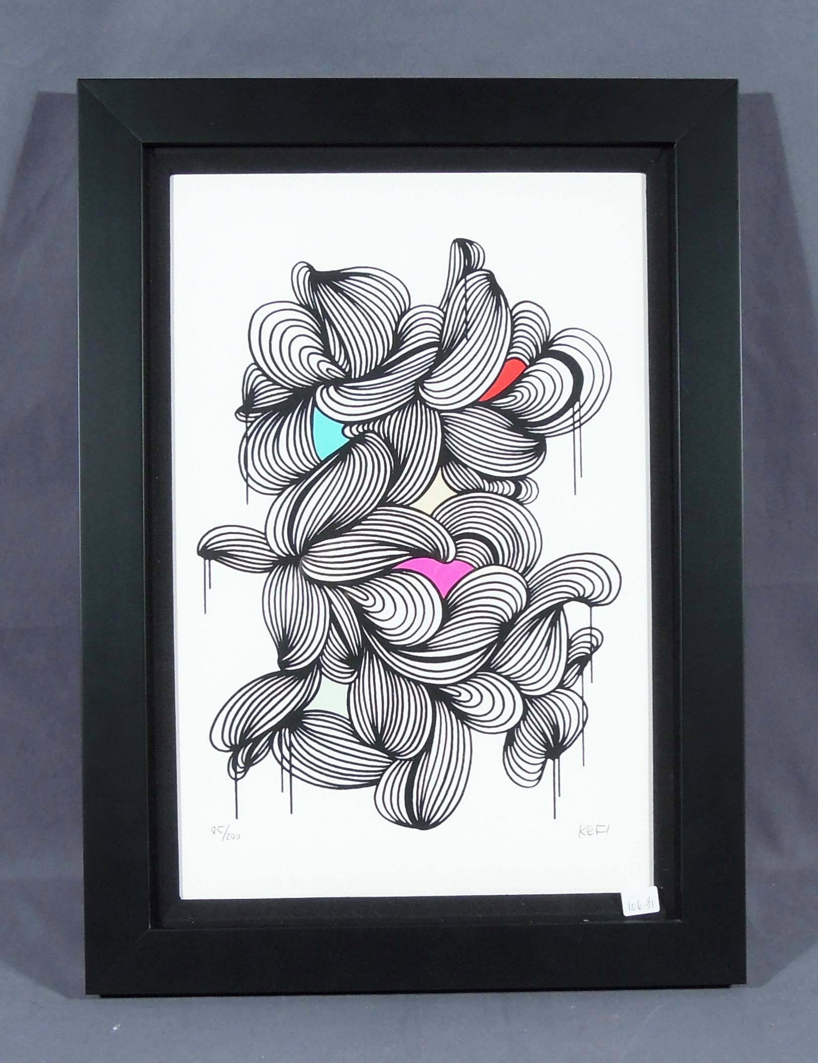 KEF (SIMON ROHLEN) (1989- ) GERMAN: Original Screenprint in colors on 100% cotton paper "Green Mountains & Silver Clouds #6". Hand signed and numbered by KEF. 85/200. Overall framed 22" x 16" x 1 1/2".