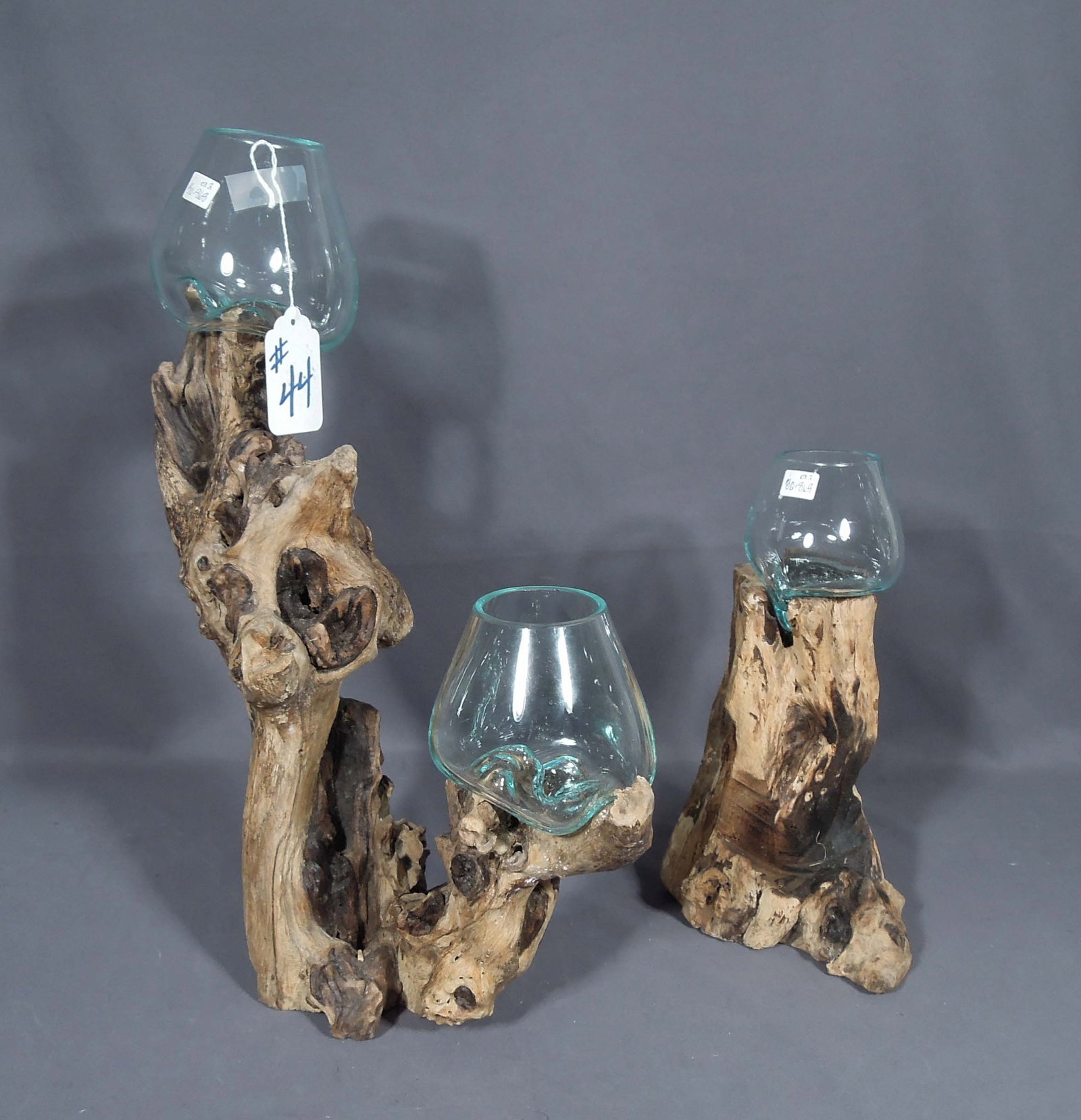 UNUSUAL TWO PIECE SET OF CARVED TEAK WOOD WITH MELTED GLASS BOWLS (1 of 1)