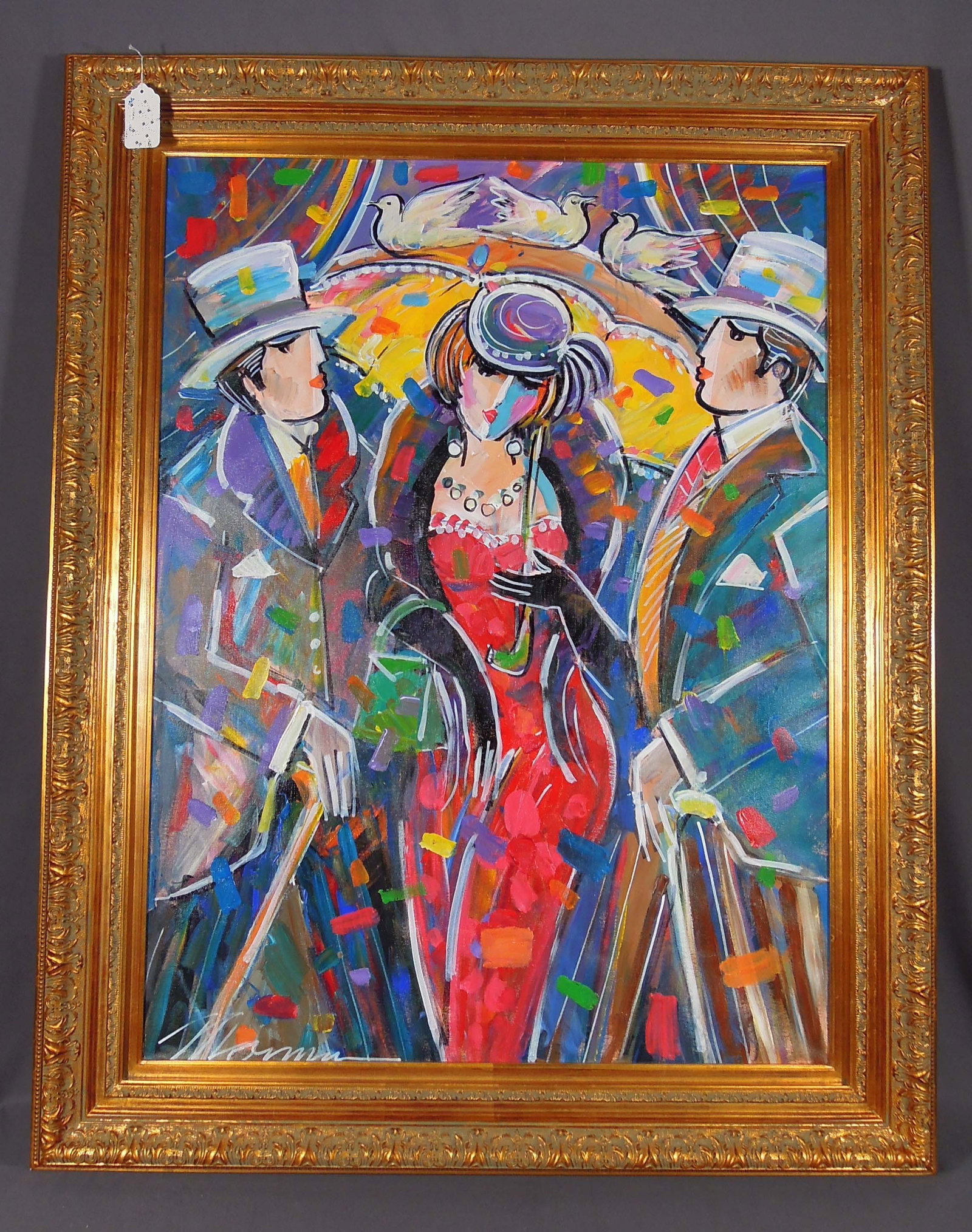 ISAAC MAIMON (1951- ) ISRAEL: Original oil on canvas "Two Men Escorting Beautiful Woman". Hand signed, lower left. Gilt frame. Overall 49" x 39".