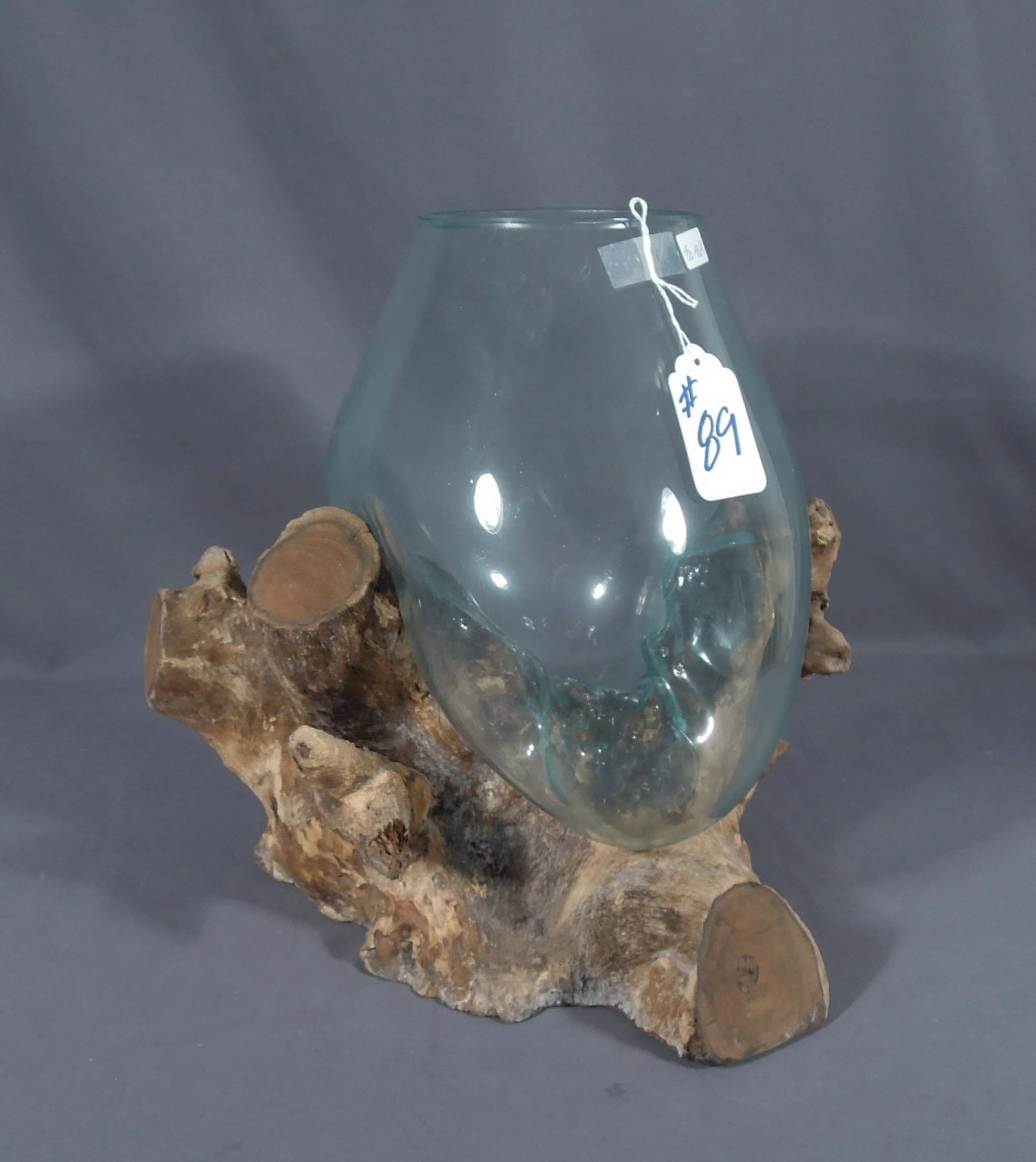 LARGE HAND CARVE TEAK AND MELTED GLASS CENTERPIECE (1 of 1)