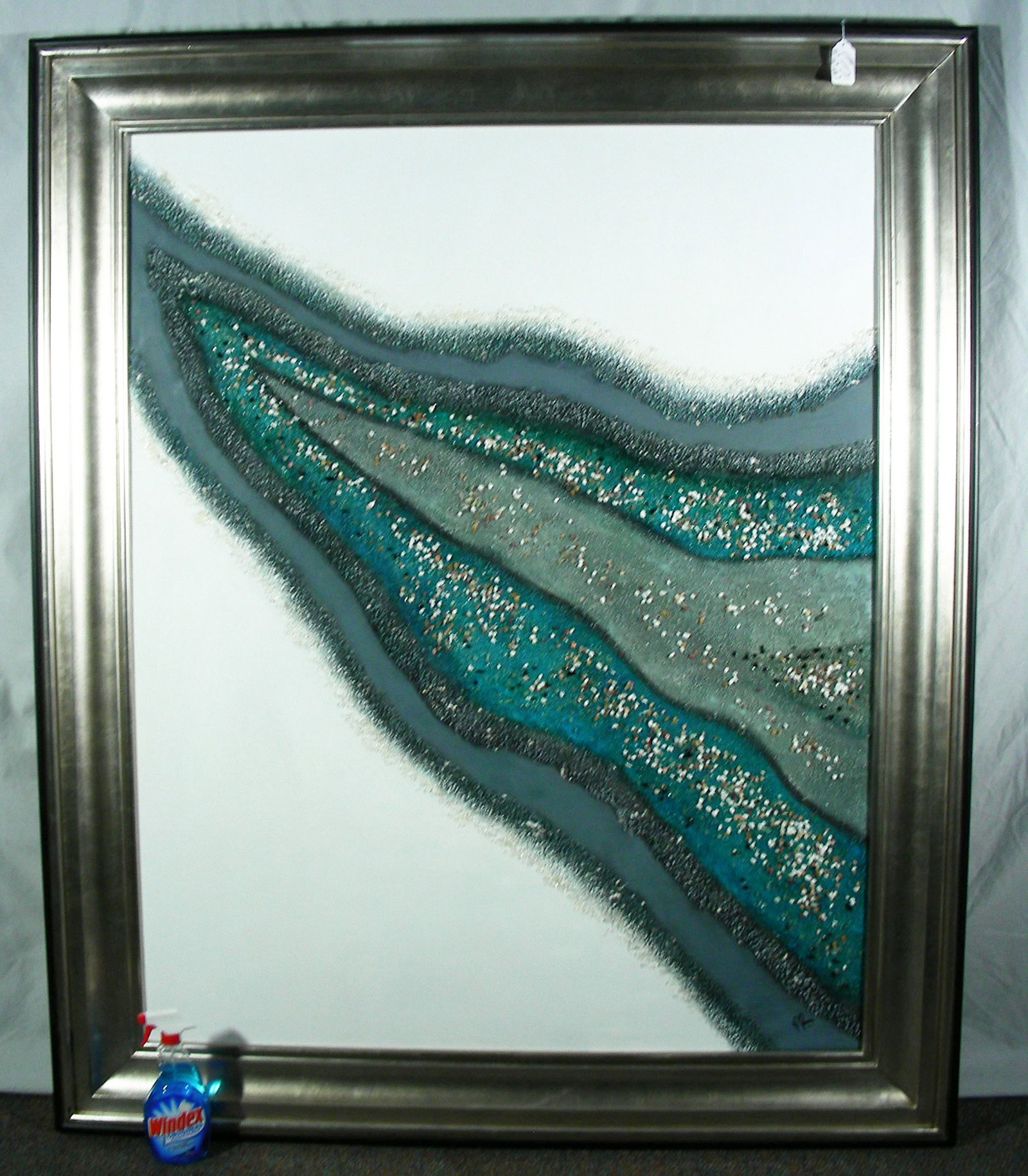 OUTSTANDING LARGE MODERN ORIGINAL OIL ON CANVAS WITH MIXED MEDIA: Original oil on canvas with applied rocks. Oil can be hung either way. Signed MR, lower right. Overall framed 6' x 5'.
