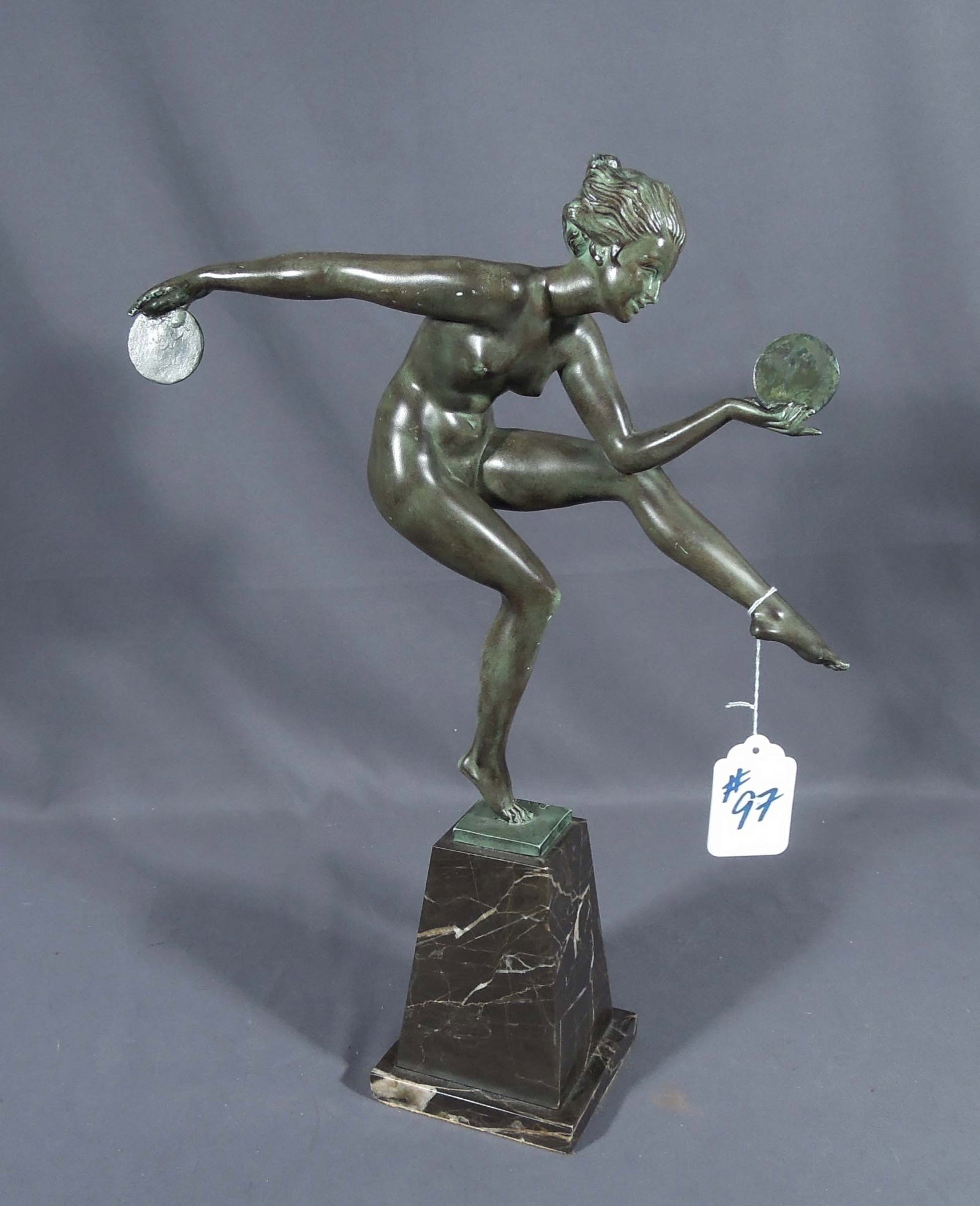 ORIGINAL FRENCH ART DECO BRONZE OR PATINAED METAL SCULPTURE "SYMBOL DANCER" ON ORIGINAL MARBLE BASE: Signed Derenne. Foundry mark from LeVerrier. 19 1/2" high, 14" wide, 4 3/4" deep.