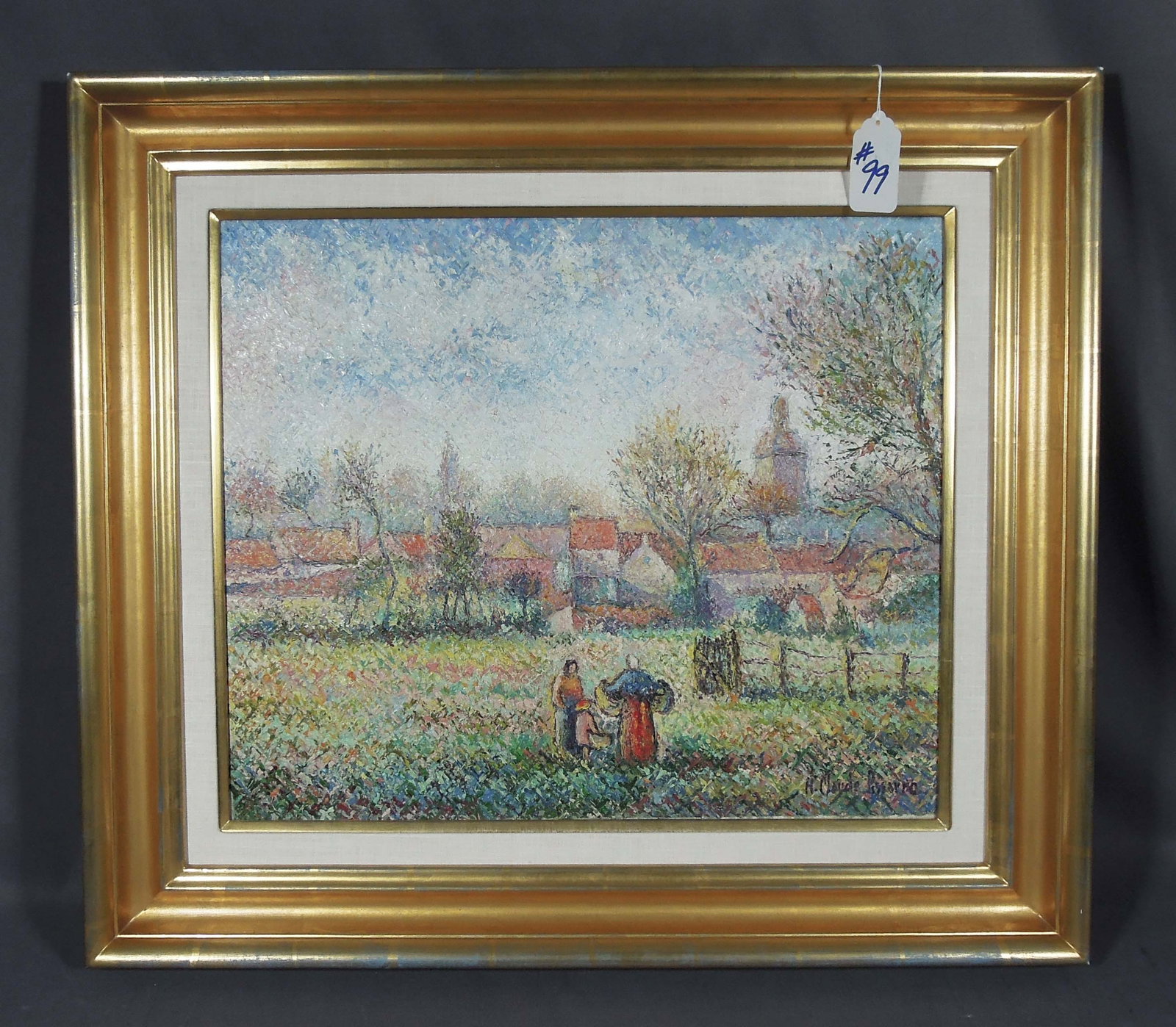 H. CLAUDE PISSARRO 1935- ) FRENCH: Beautiful original oil on canvas "Le Bourg De Lessay". Paint in high relief. Hand signed, lower right. Complete with original H. Claude Pissarro certificate with thumb print, registration and vatt num
