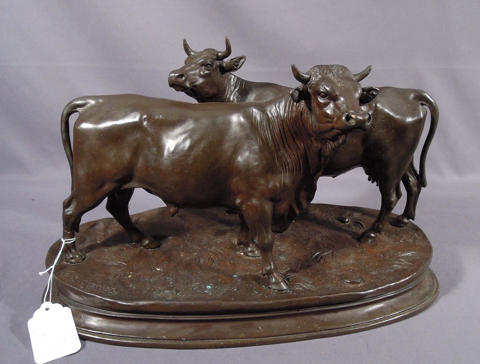 VINTAGE HEAVY BRONZE SCULPTURE OF TWO STANDING BULLS (1 of 2)