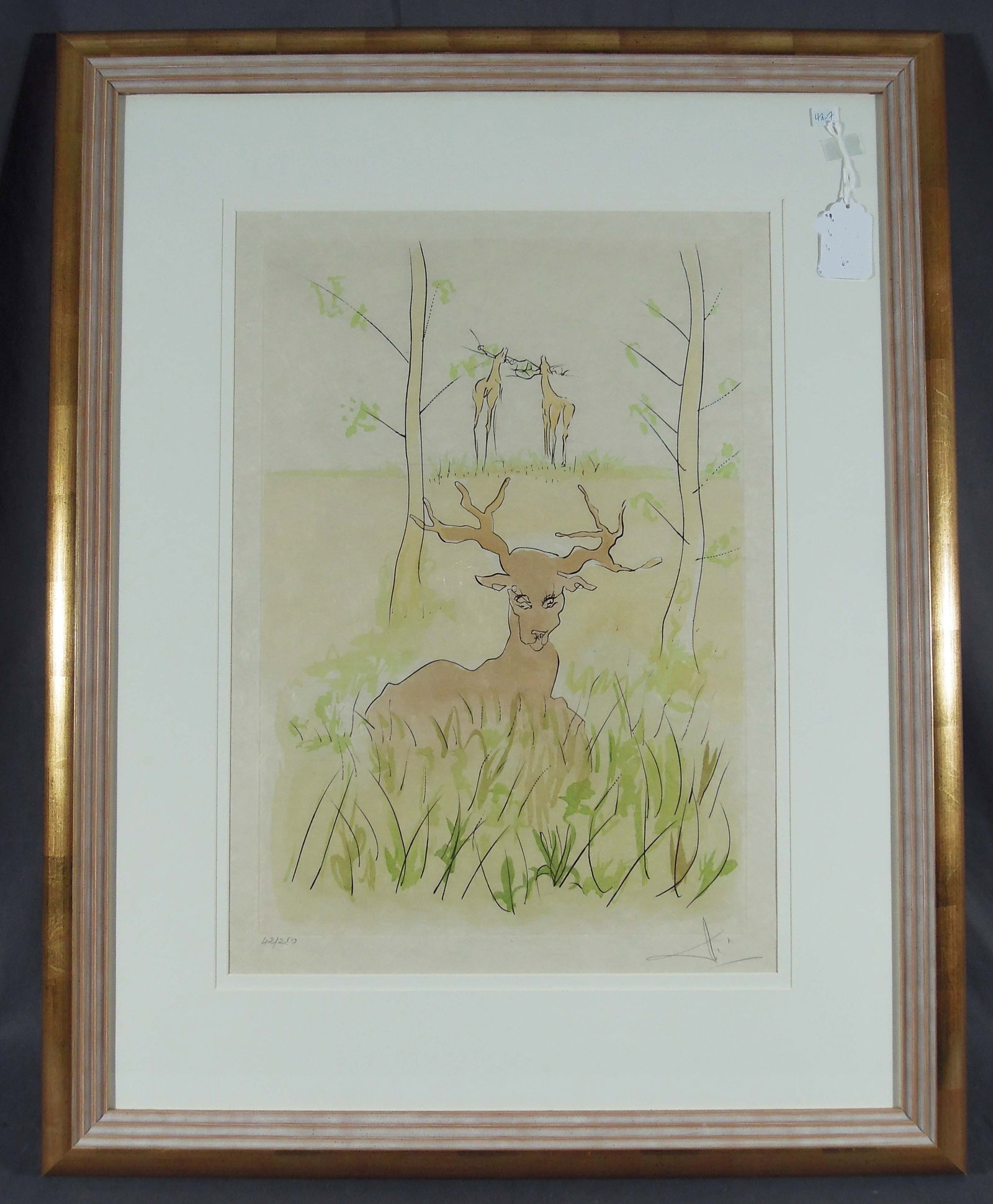 SALVADOR DALI (1904-1989) SPANISH: Original Etching with Drypoint & Pochoir in colors on Japon paper "Le Cerf Malade (The sick deer)". Circa 1974. Limited Edition 42/250. Hand signed and numbered in pencil. Overall 37 1/2" x 29 1/2" x 