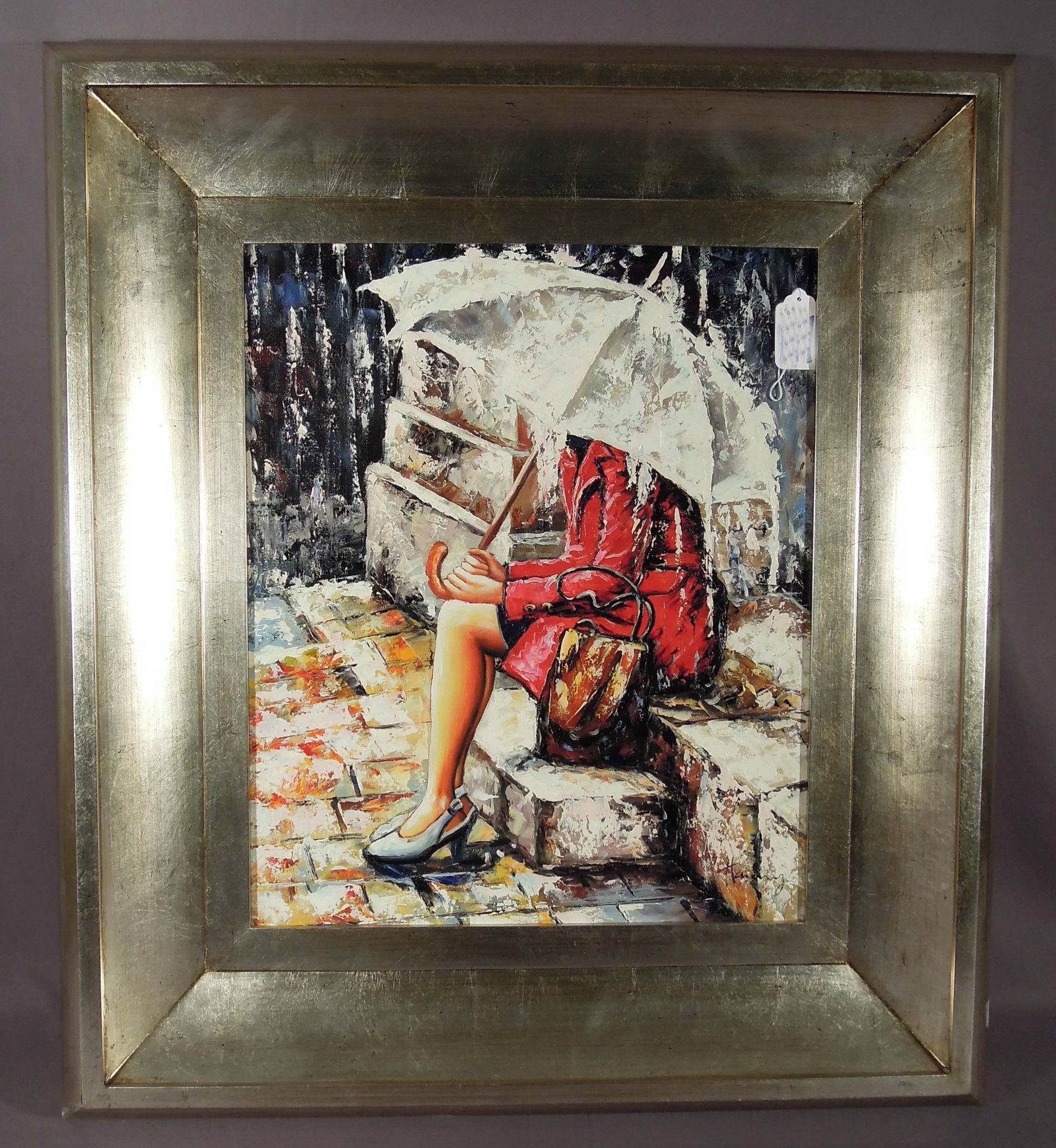 ORIGINAL OIL ON CANVAS OF WOMAN HOLDING UMBRELLA: Paint in high relief. Signed lower right. Silver frame. Overall 37" x 32 1/2".