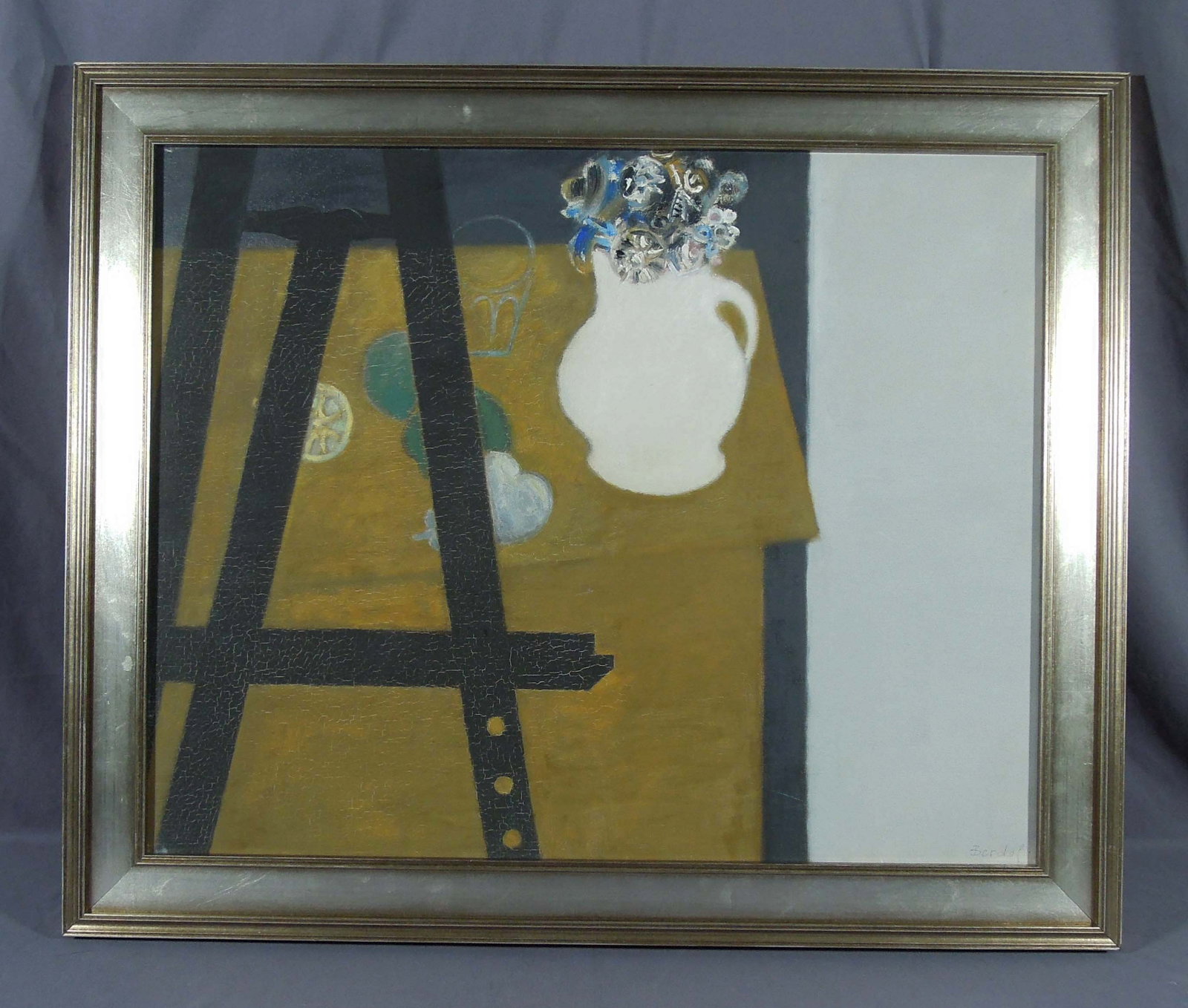 ALEX BERDAL (1945- ) FRENCH: Original Oil on Canvas "Le Chevalet". Signed lower right. Executed by Berdal in his Paris studio. Overall framed 31" x 37 1/2" x 1".