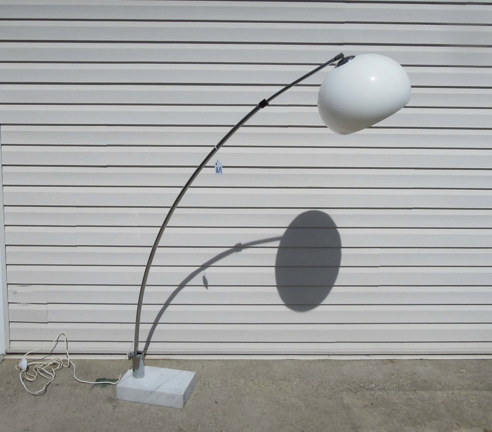 1970'S ITALIAN MARBLE, CHROME AND ACRYLIC ARC FLOOR LAMP: Marble base and white acrylic shade. In working order. 66" high.