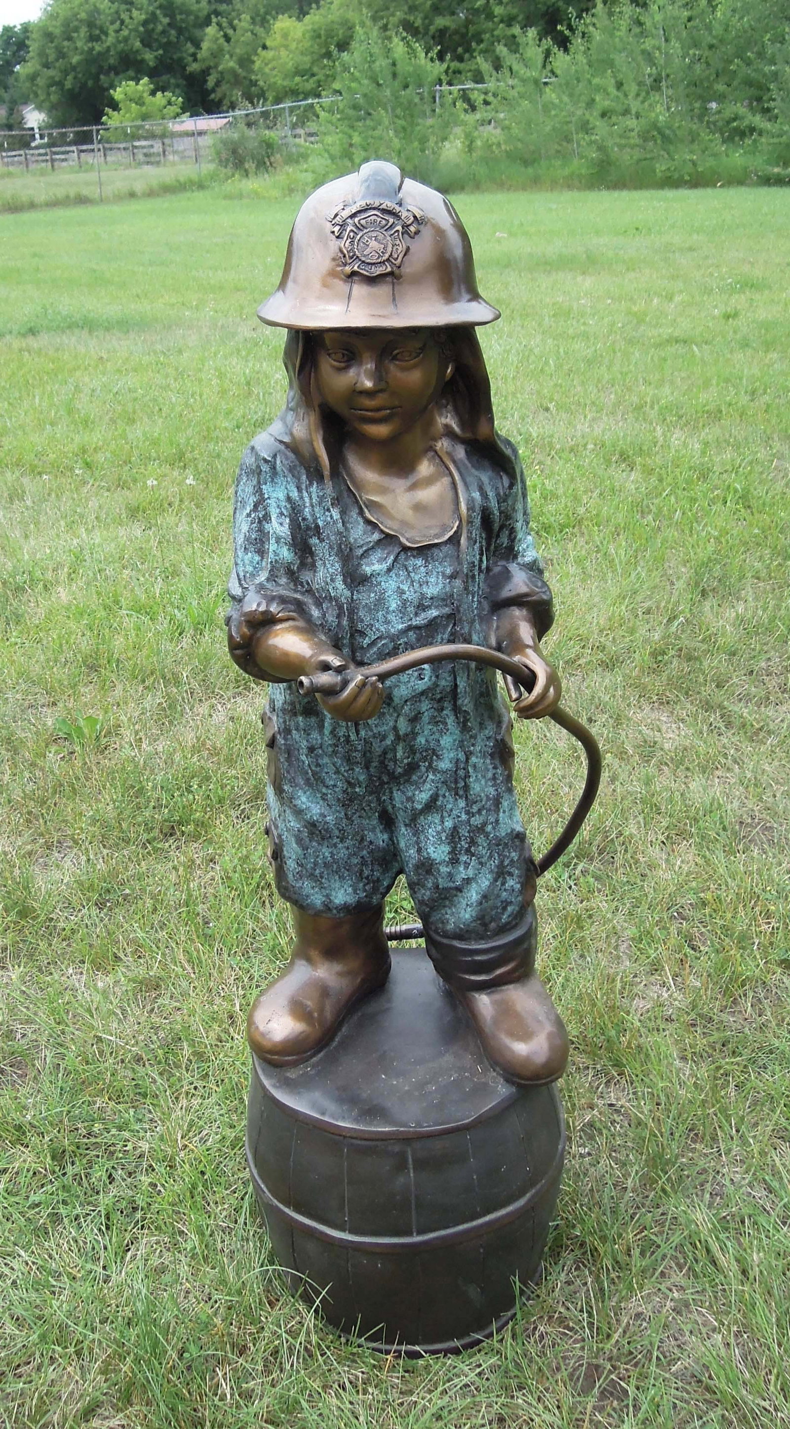 ADORABLE BRONZE SCULPTURE/FONTAIN OF YOUNG GIRL WITH FIRE HAT AND HOSE (1 of 1)