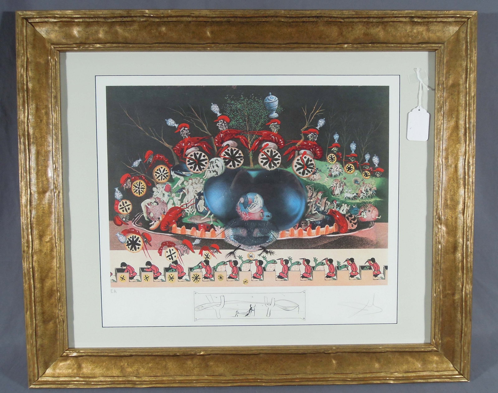 SALVADOR DALI (1904-1989) SPANISH: Original colored Lithograph on Reeves paper "Atavism". Circa 1977. From the La Diners De Gala Suite. Hand signed and numbered. EA edition. Certified on verso by Bruce Hochman. Overall 30" x 35" x 2".