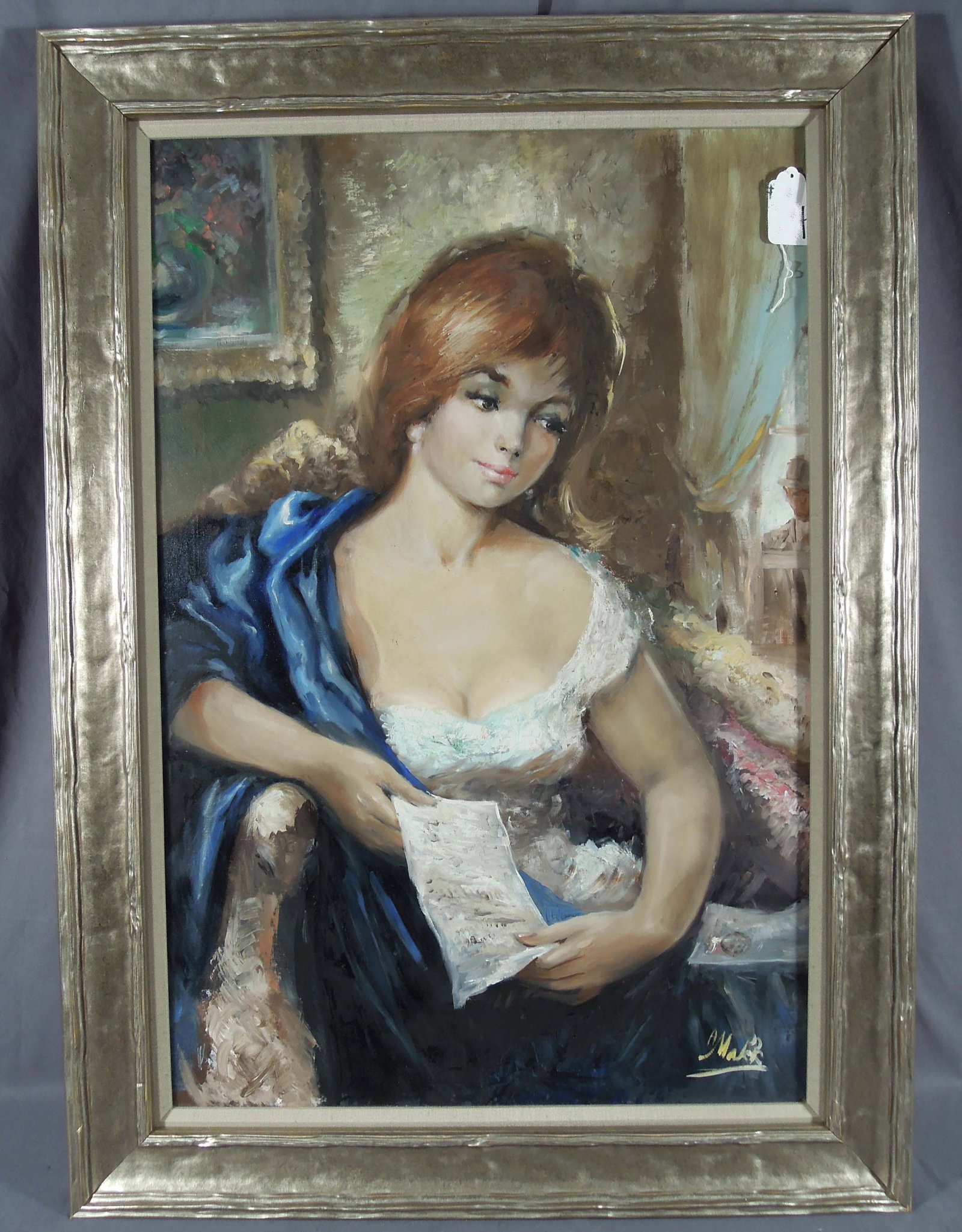 AMERICO MAKK (1927-2015) HUNGARIAN/AMERICAN: Original Oil on Canvas "The Letter". A seated young woman reads letter while gentleman peers at her through window in background. Hand signed, lower right. Overall framed 42 1/2" x 30 1/2" x 2".