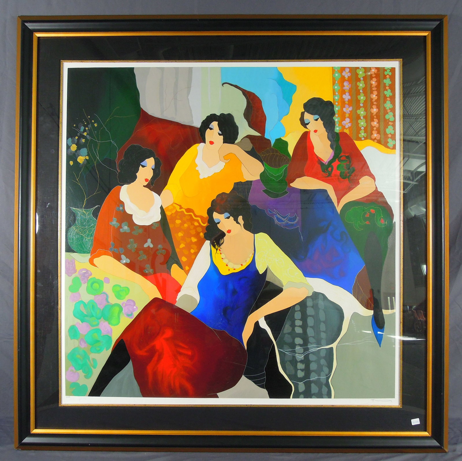 ITZCHAK TARKEAY (1935-2012) YUGOSLAVIAN/HUNGARIAN: Original Lithograph "Social Hour". Circa 2004. Hand signed & numbered 1/350. Overall framed 49" sq, 2" deep.