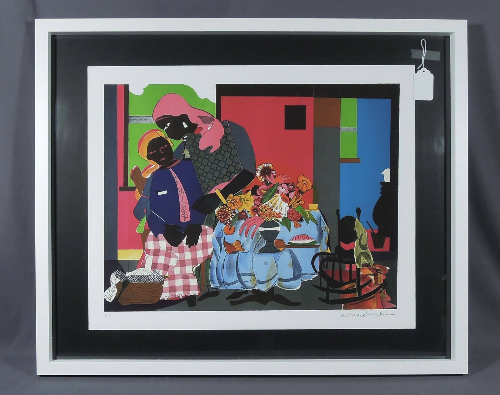 ROMARE BEARDEN (1911-1988) AMERICAN: Rare Limited Edition Artist Proof Off-set Lithograph in colors on Somerset paper "Morning". Circa 1979. Stamped signature and numbered in pencil. Overall framed 30" x 36" x 1 3/4".