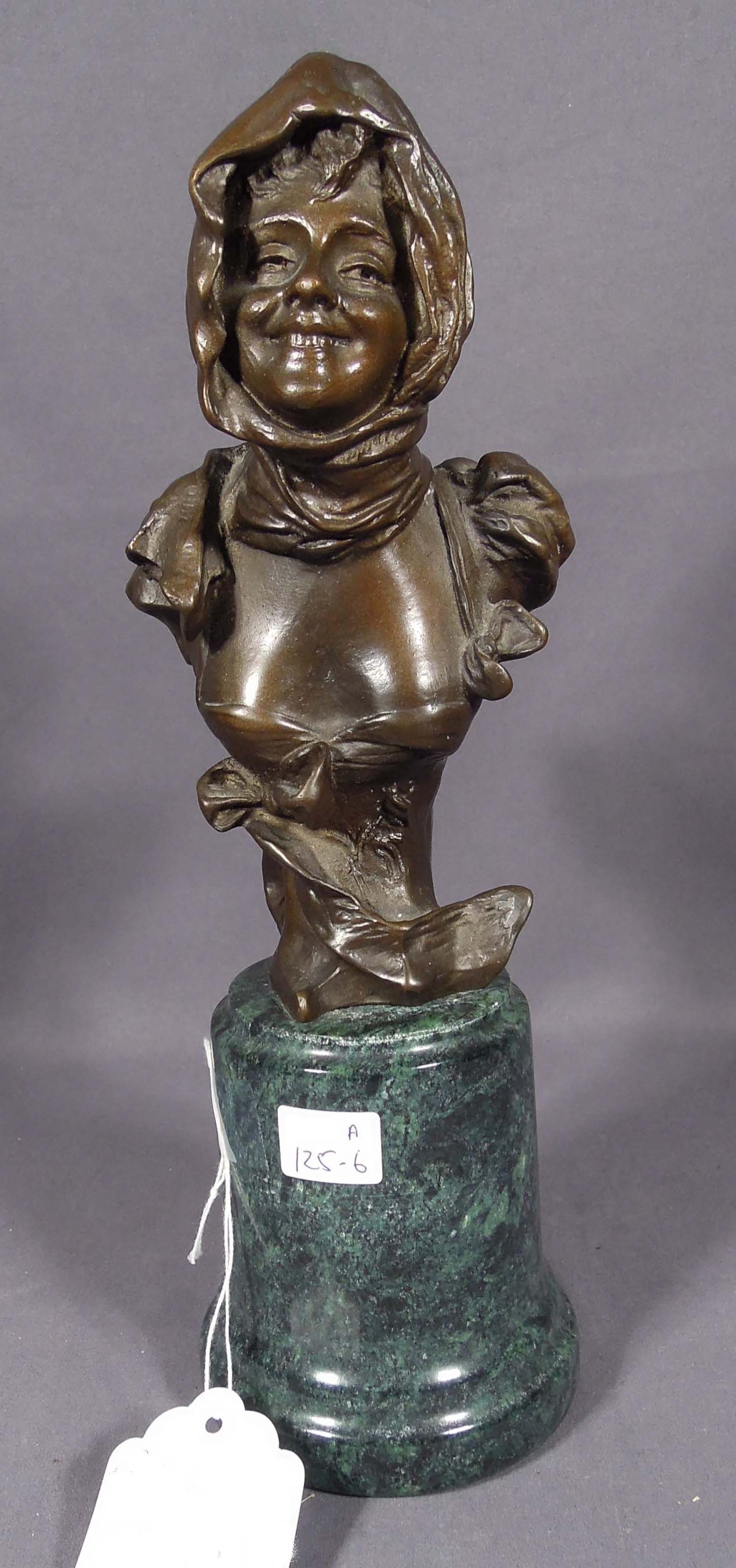 VINTAGE BRONZE BUST OF WOMAN AFTER GEORGE VANDER STRAETEN: Excellent detail. Tall marble base. Signed on back. 11 1/2" high, 3 1/2" dia.